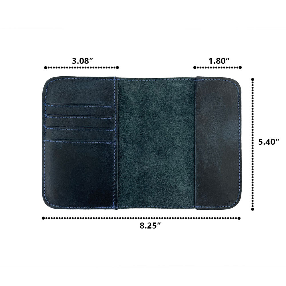 Elegant opening view of the Hide & Drink Travel Wallet displaying its card slots. This quality travel wallet functions as a bifold passport case, made from full grain leather in La Antigua Guatemala.