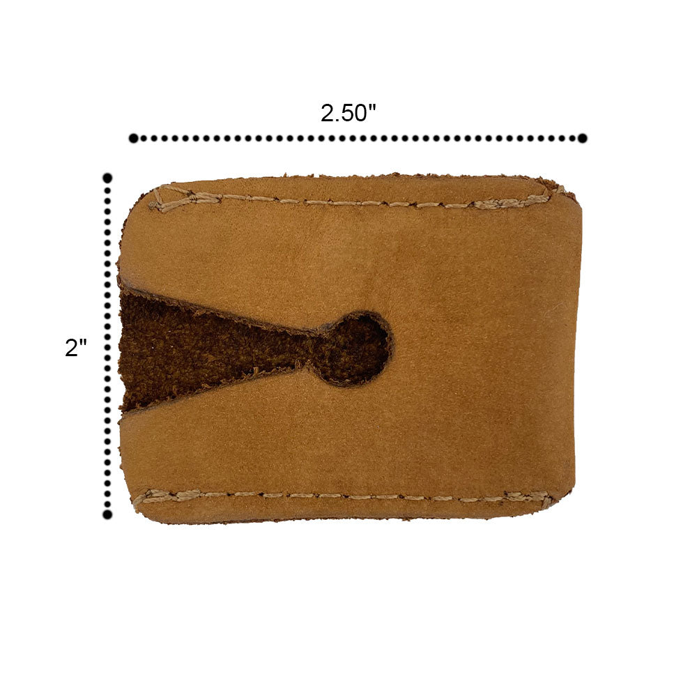 Top view showing the dimensions of the Hide & Drink Razor Head Cover, a handmade shaving travel cover made from full grain leather, featuring a protective sheath for your Double Edge Safety Razor.