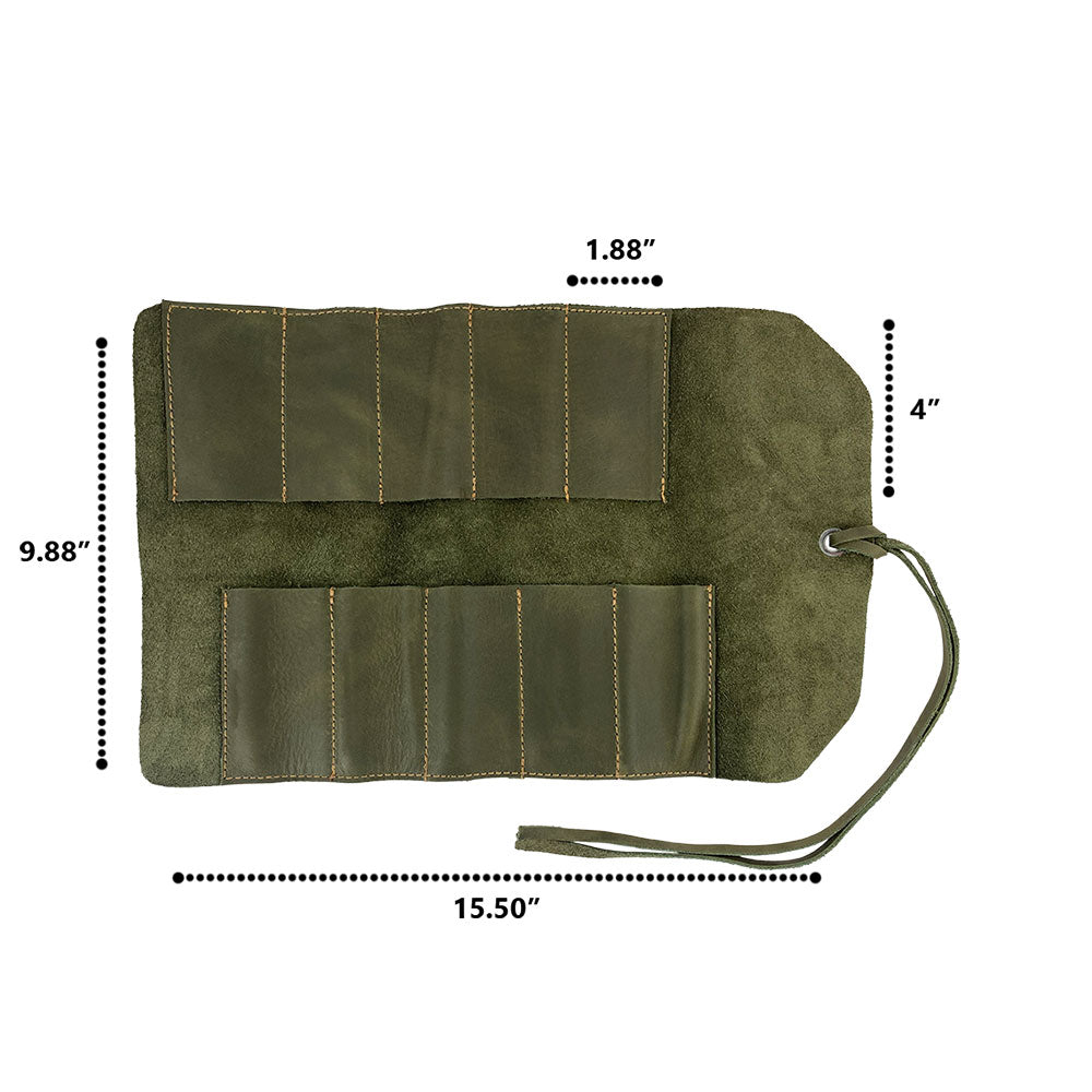 Hide & Drink Tool Roll showcases a practical small tool roll-up bag with 10 slots, constructed using fine full grain leather. Ideal for portable carry-on storage of woodworking tools, it enhances organization within your workshop. Handmade in La Antigua Guatemala & Oaxaca Mexico, each item celebrates artisan quality.