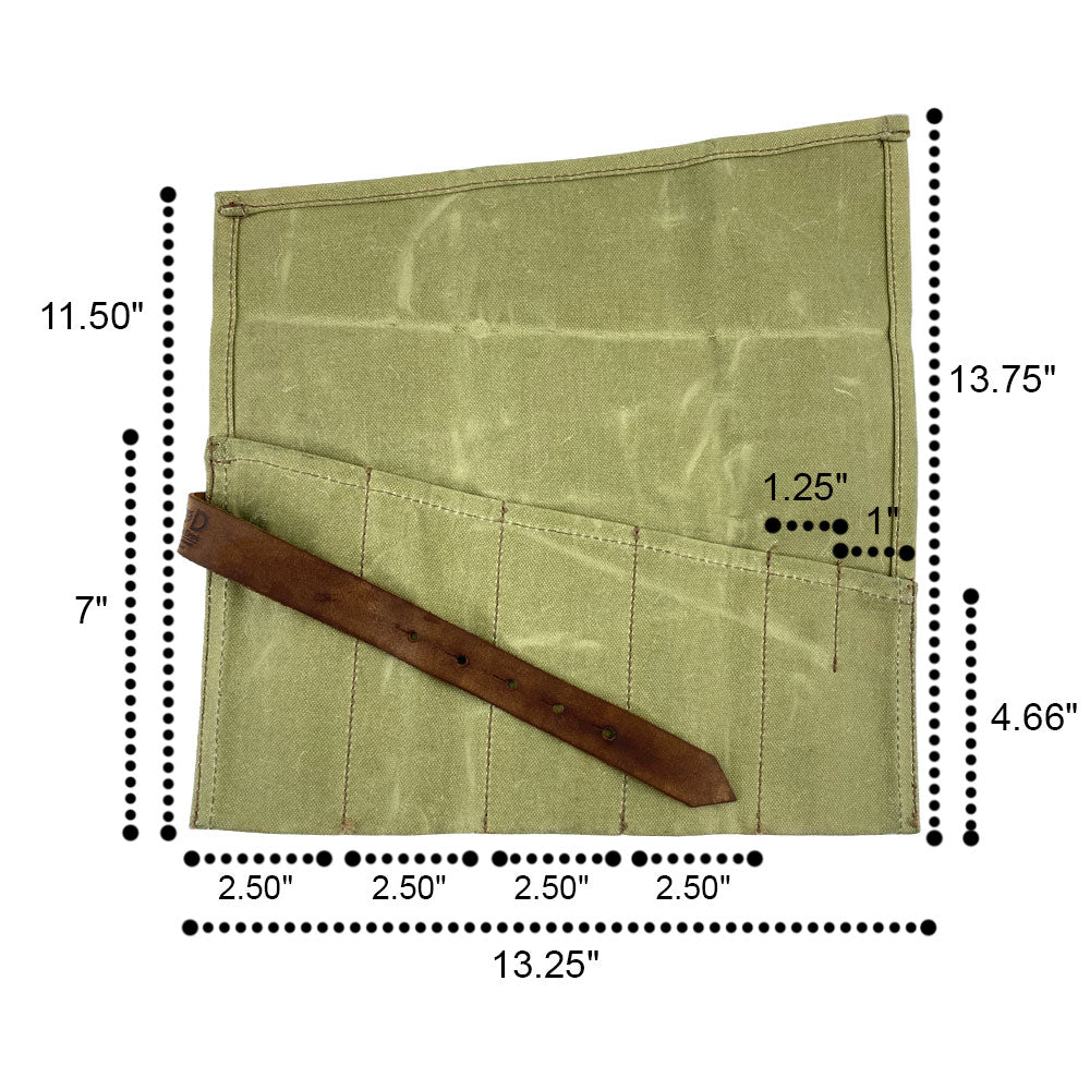 Hide & Drink's Large Tool Roll displayed elegantly open for intended use. This Portable Carry-On Pouch includes 6 slots for efficient woodworking tools organization. Constructed with waxed canvas and full grain leather variations, this artisan product showcases exceptional hand-cut and hand-sewn quality, handmade in La Antigua Guatemala & Oaxaca Mexico.