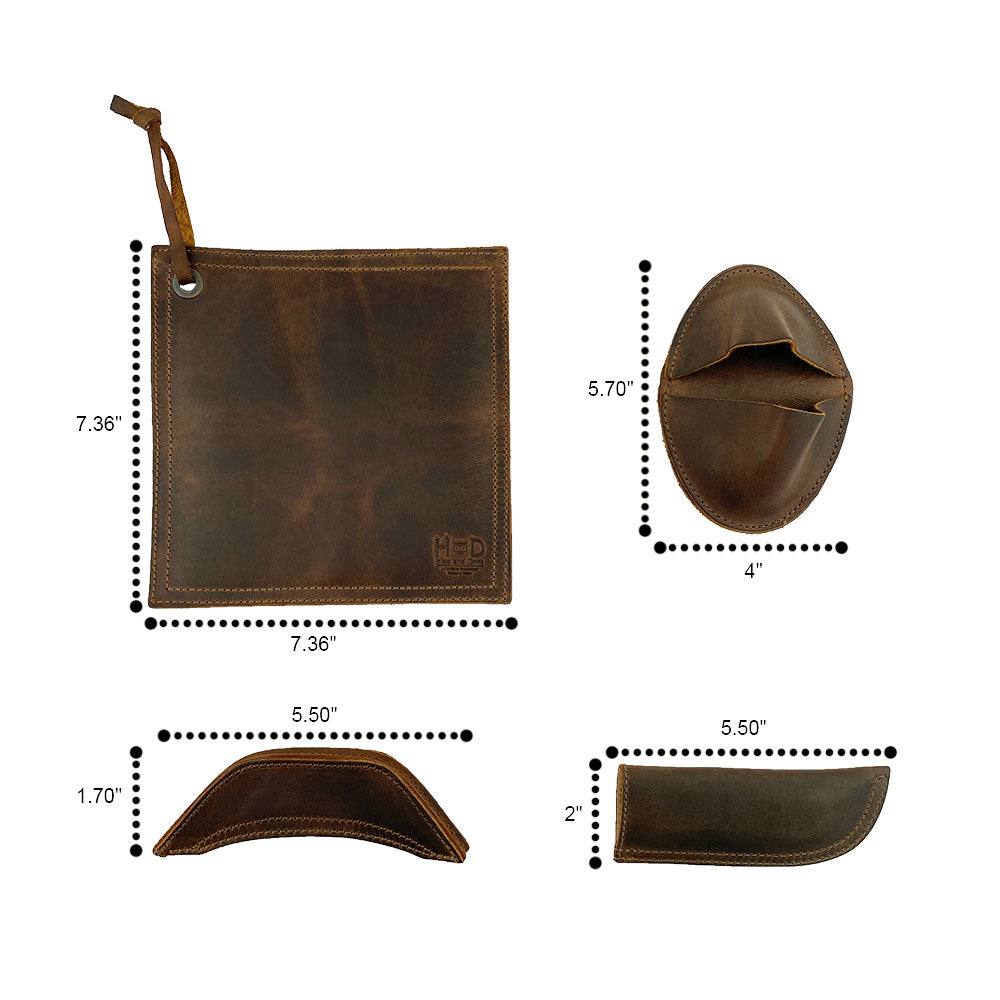 Featuring Hide & Drink's Hot Handle Holders (Set of 4), this image includes a Panhandle and Side Kick, along with Grip Mitt and Square Pot Holder, all made from Full Grain Leather. Designed for safety and style, these handmade items are crafted in small batches, reflecting the artistry of hand cut and hand sewn craftsmanship from La Antigua Guatemala & Oaxaca Mexico.