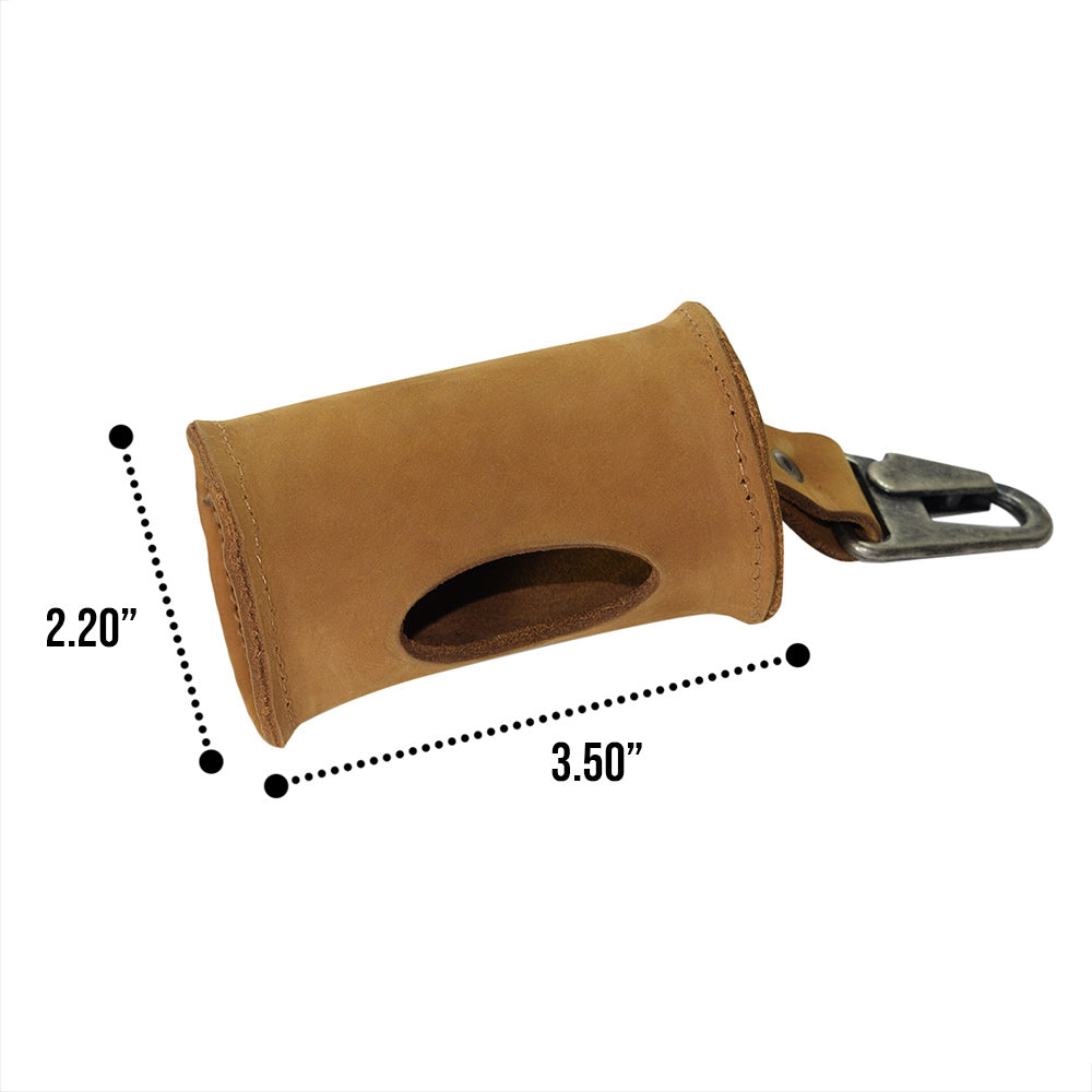 Dimensions of the tan Hide & Drink Doggie Bag Dispenser, showcasing its functional design ideal for dog walkers. This stylish poop bag holder, made from thick full grain leather and featuring a brass metal clip, is handcrafted in La Antigua Guatemala.