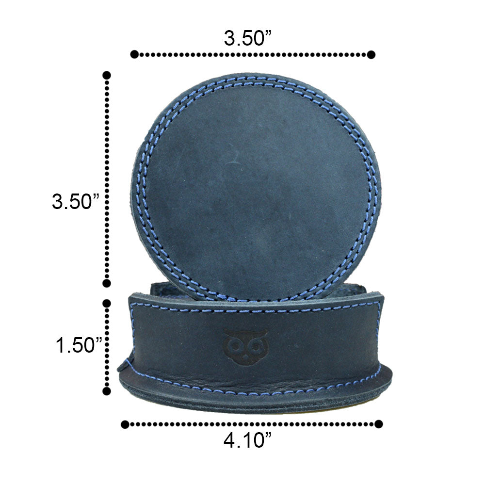 Dimensions of the Thick Leather Coasters (6-Pack) by Hide & Drink, illustrating the exquisite circular design in blue slate leather. Each coaster merges elegance and functionality, crafted from full grain leather as part of small batch production, hand cut, hand sewn, and fire branded, thoughtfully made in La Antigua Guatemala.