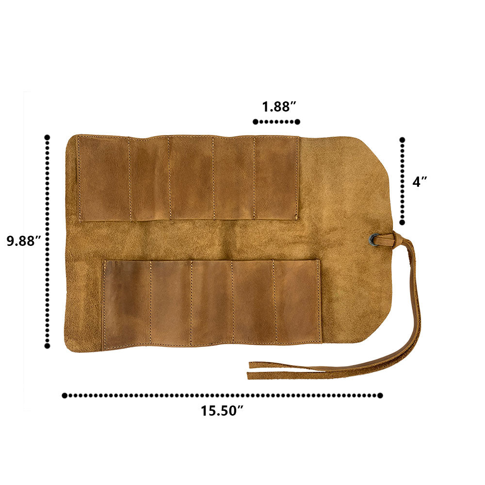 Hide & Drink Tool Roll, a tailored small tool roll-up bag with 10 slots, showcasing premium full grain leather construction. This portable carry-on pouch serves to organize woodworking tools efficiently, vital for any workshop storage setup. Each artisan product is handmade in La Antigua Guatemala & Oaxaca Mexico, underlining craftsmanship.