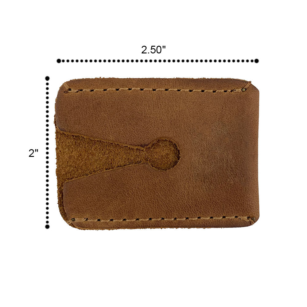 Dimensions of Hide & Drink's Razor Head Cover in full grain leather, specifically designed for double edge safety razors. This small batch artisan product is hand cut, hand sewn, and fire branded, representing quality craftsmanship from La Antigua Guatemala and Oaxaca Mexico.