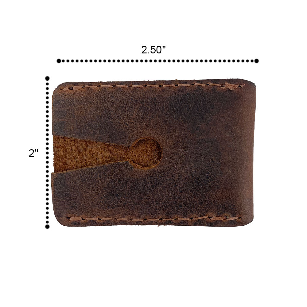 Razor Head Cover by Hide & Drink, featuring a handmade Full Grain Leather design, measuring 2.5" x 2". This Double Edge Safety Razor Head Protective Sheath is perfect for traveling and showcases small batch production with hand cut and hand sewn details, fire branded for a unique touch, made in La Antigua Guatemala & Oaxaca Mexico.
