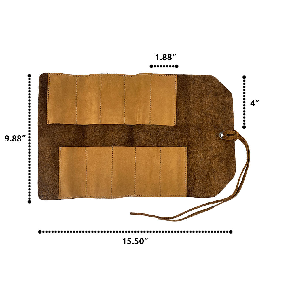 Hide & Drink Tool Roll features a functional small tool roll-up bag with 10 slots, crafted from quality full grain leather. Perfect as a portable carry-on pouch for all your woodworking tools, enhancing your workshop storage solutions. Proudly handcrafted in La Antigua Guatemala & Oaxaca Mexico, emphasizing artisan quality.