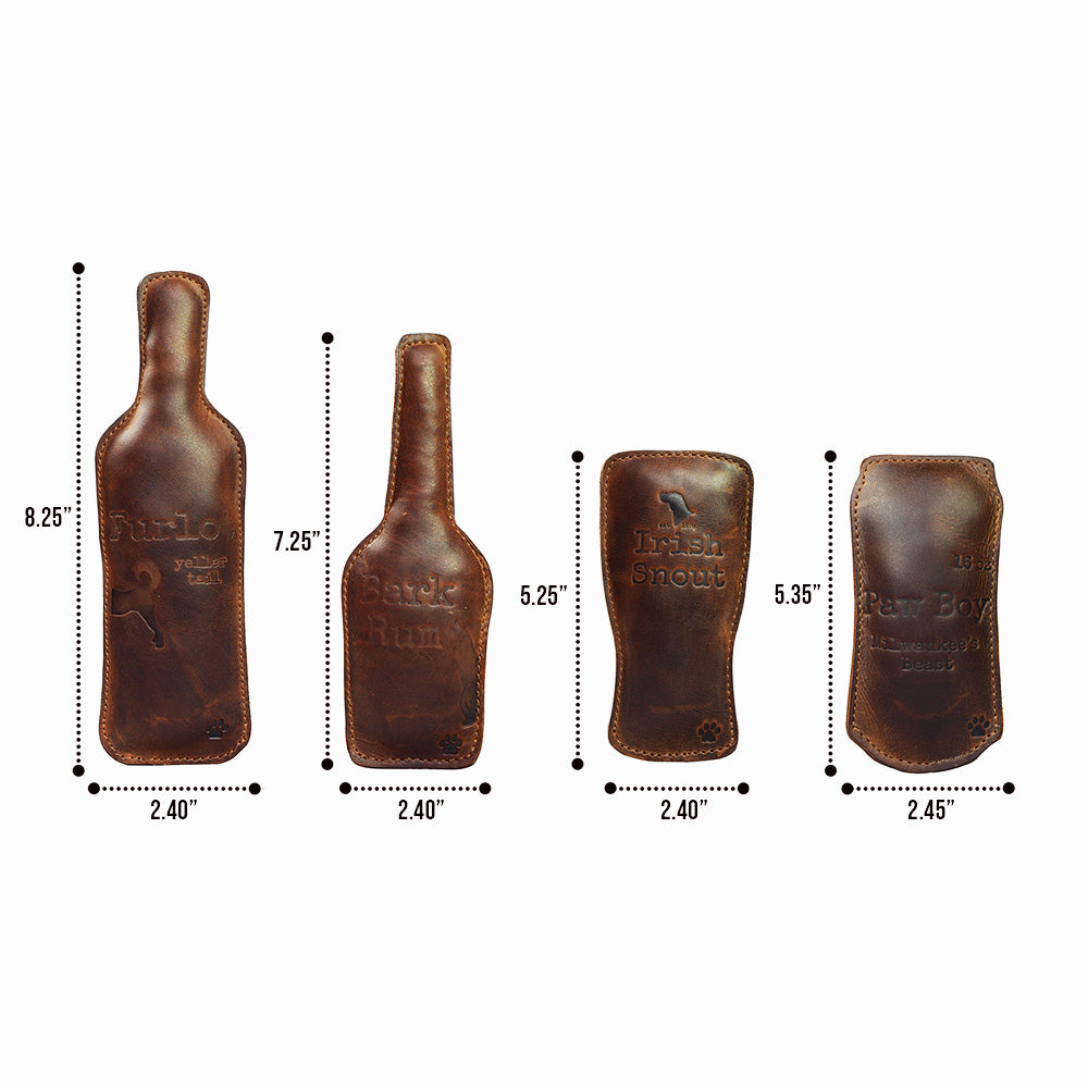 Taco Dog Dog Chew Toys (4 Pieces) dimensions image illustrating sizes of each piece including Paw Boy, Bark Rum, Irish Snout, and Furlot. Ideal pet toys for small breeds, these full grain leather chew toys are made with hand cut, hand sewn techniques in small batches.