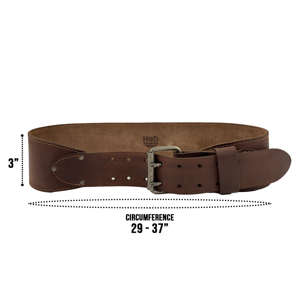 Dimensions chart for Hide & Drink’s Weightlifting Belt, detailing its fit for waist sizes 29 in. to 37 in. This reliable 3 in. wide belt, crafted from full grain leather, is engineered for functional fitness. Crafted in small batches by artisans in La Antigua Guatemala & Oaxaca Mexico.