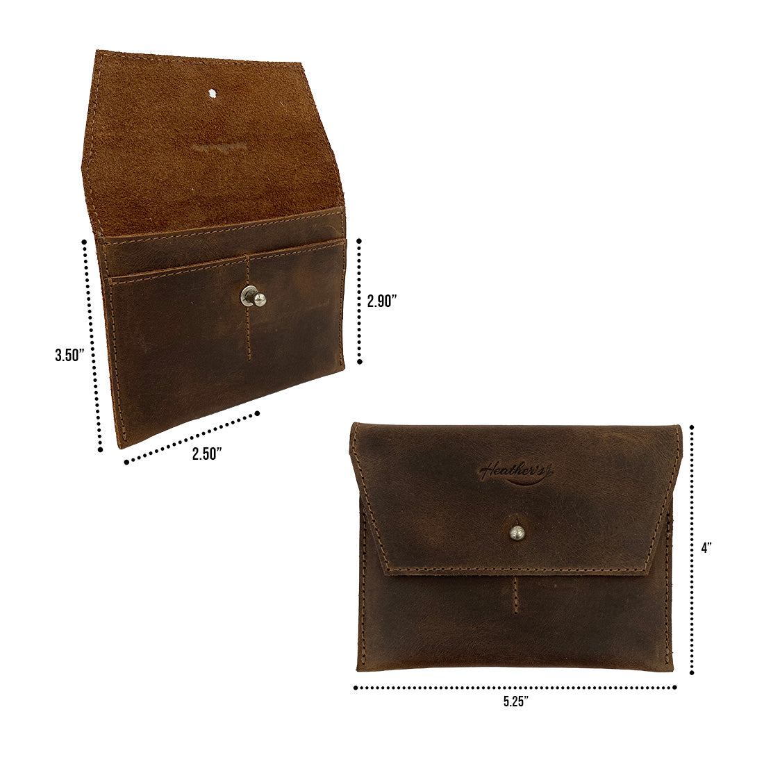 Measuring details of Heather's Minimalist Wallet, demonstrating its design as a durable cash organizer and card holder made of full grain leather. This versatile accessory is perfect for everyday use and travel, representing artisan craftsmanship and small batch production, handmade in La Antigua Guatemala & Oaxaca Mexico.