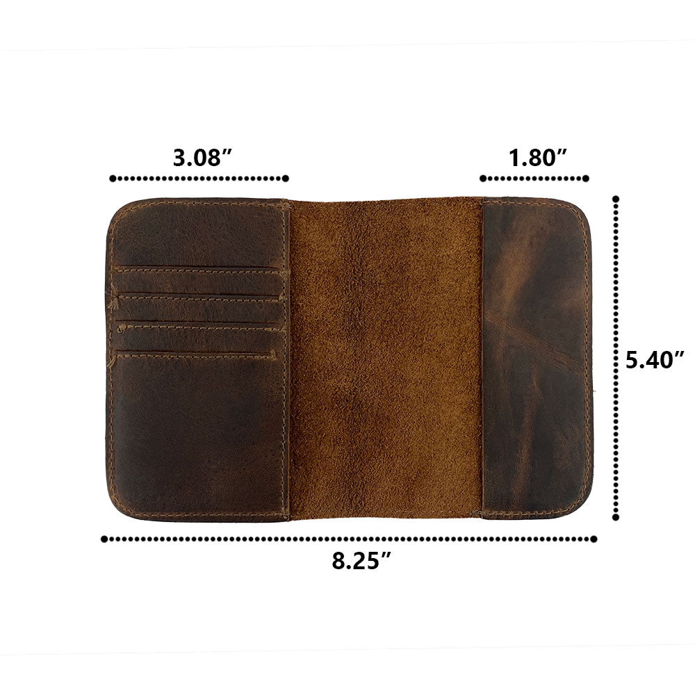 Front view of the Hide & Drink Travel Wallet featuring a sleek design. This artisan-crafted travel wallet is a bifold passport case and money holder made in La Antigua Guatemala.