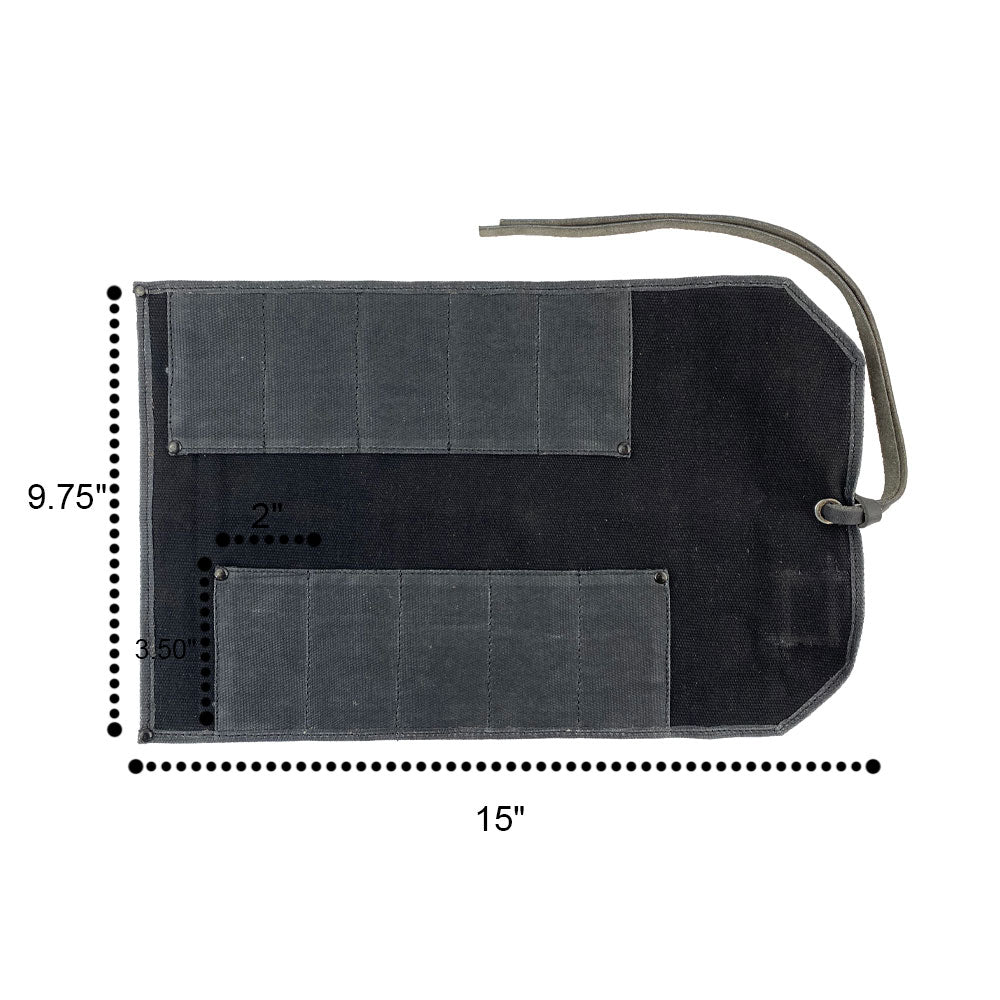 Hide & Drink Tool Roll displays a vintage small tool roll-up bag with 10 slots, made from fine full grain leather. Perfect as a portable carry-on pouch for woodworking tools, it enhances your workshop storage capabilities. Each artisan item is meticulously crafted in La Antigua Guatemala & Oaxaca Mexico.