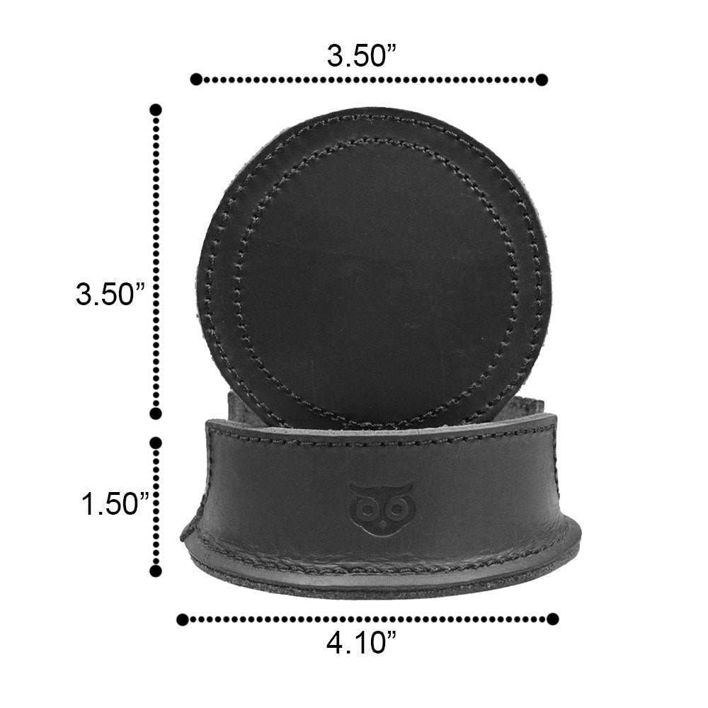 Dimensions of the Thick Leather Coasters (6-Pack) by Hide & Drink, depicting a beautiful circular coaster in charcoal black with detailed craftsmanship. As part of small batch production, each coaster is hand cut, hand sewn, and fire branded, showcasing quality leather made by artisans in La Antigua Guatemala.