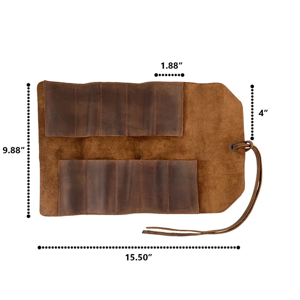 Hide & Drink Tool Roll introduces a stylish small tool roll-up bag with 10 slots, made from high-end full grain leather. This portable carry-on pouch serves as a reliable woodworking tools organizer, enhancing your workshop storage options. Proudly handmade, each piece reflects the artisan skill from La Antigua Guatemala & Oaxaca Mexico.