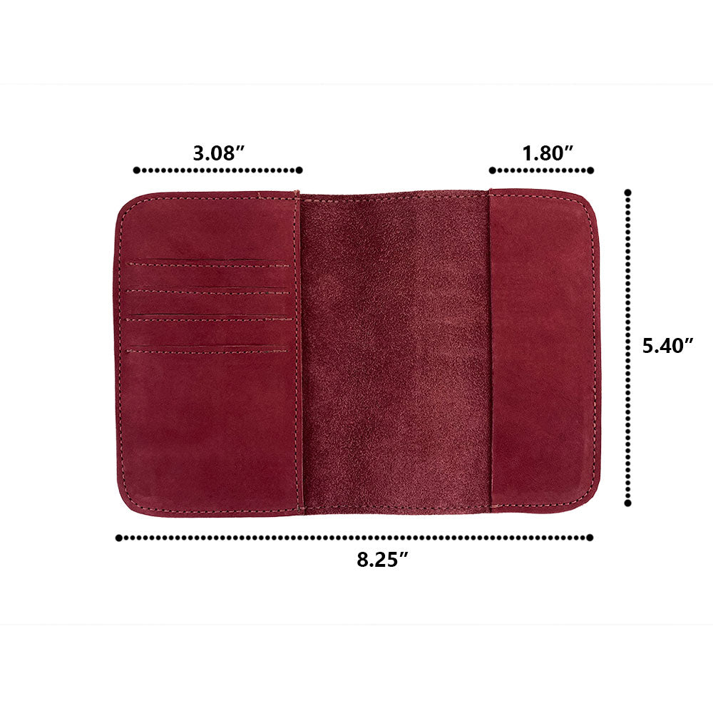 Side view of the Hide & Drink Travel Wallet demonstrating its fine craftsmanship. This travel wallet acts as a stylish bifold passport case, made from full grain leather in La Antigua Guatemala.