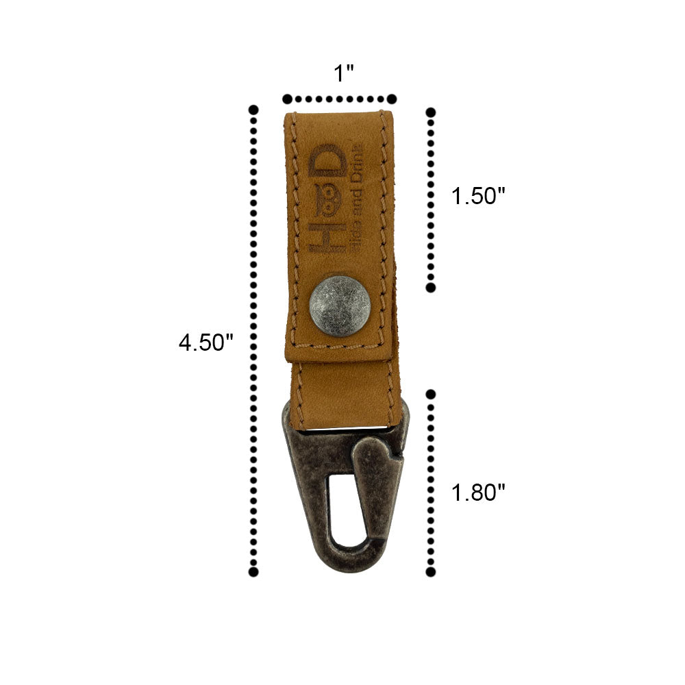 Hide & Drink Key Ring Holder featuring precise dimensions, made of durable Full Grain Leather. This handmade accessory highlights Small Batch Production, with Hand Cut and Hand Sewn craftsmanship, embodying the artisan spirit from La Antigua Guatemala & Oaxaca Mexico.