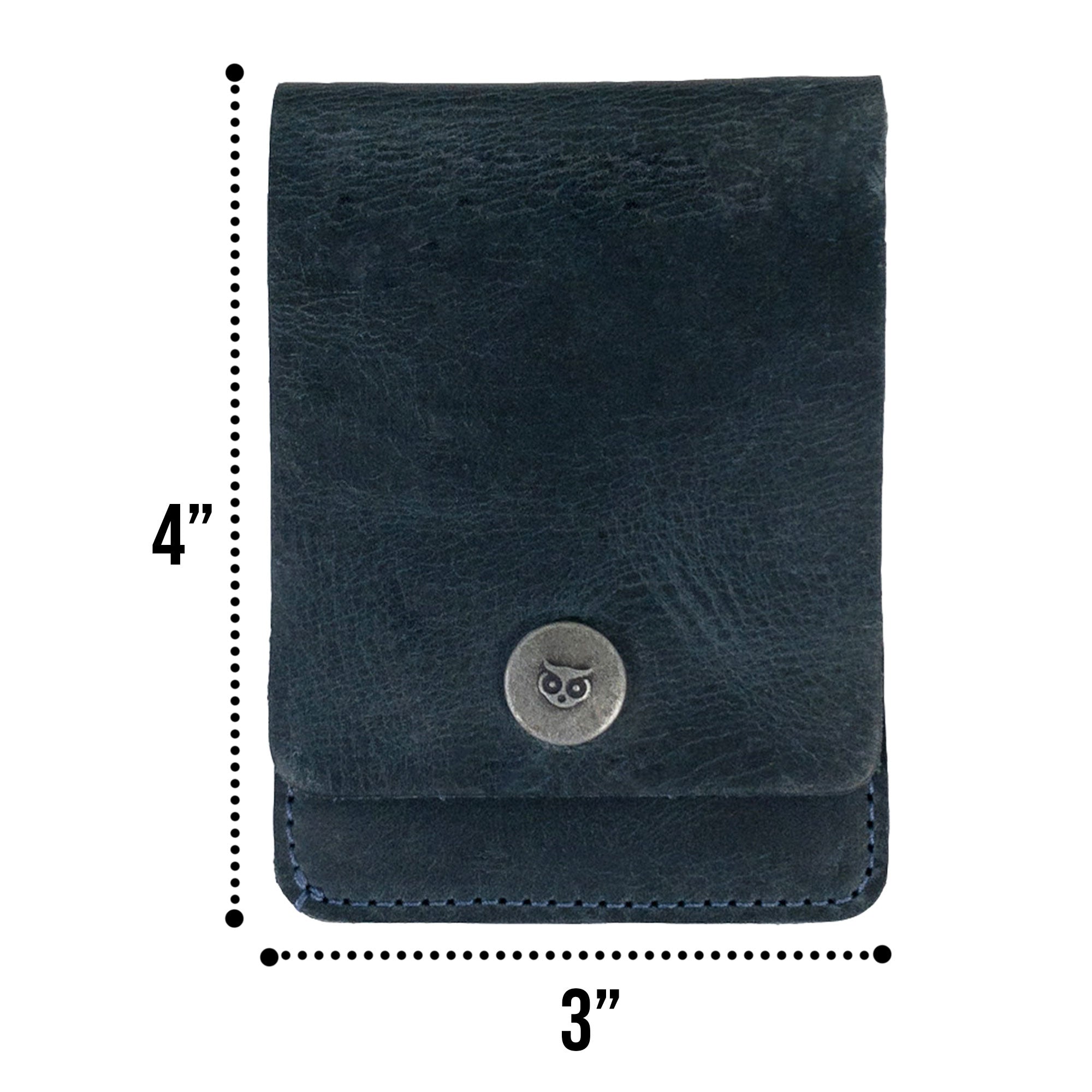 Dimensions of the blue Vertical Wallet by Hide & Drink showing its utility for front pockets. This Vertical Front Pocket Wallet with Card Slot delivers compact storage for cash and cards, crafted from resilient full grain leather through small batch production methods, hand cut, and hand sewn with fire branding added for authenticity. Handmade in La Antigua Guatemala & Oaxaca Mexico.