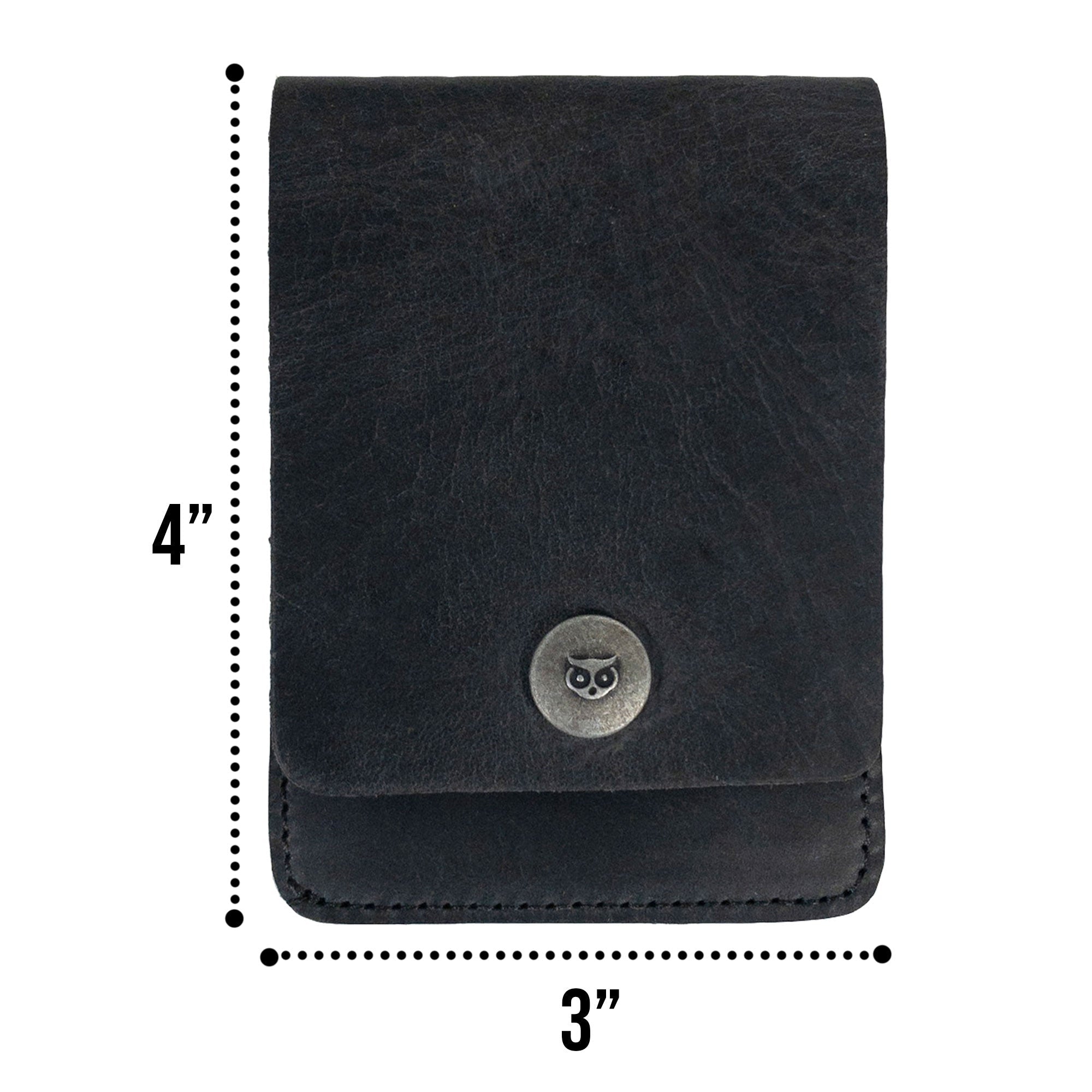 Dimensions of the black Vertical Wallet by Hide & Drink, demonstrating its front pocket suitability. This Vertical Front Pocket Wallet with Card Slot provides compact storage for bills alongside card holding capability, made from premium full grain leather through small batch production techniques, with hand cut and hand sewn touches, fire branded for quality. Handmade in La Antigua Guatemala & Oaxaca Mexico.