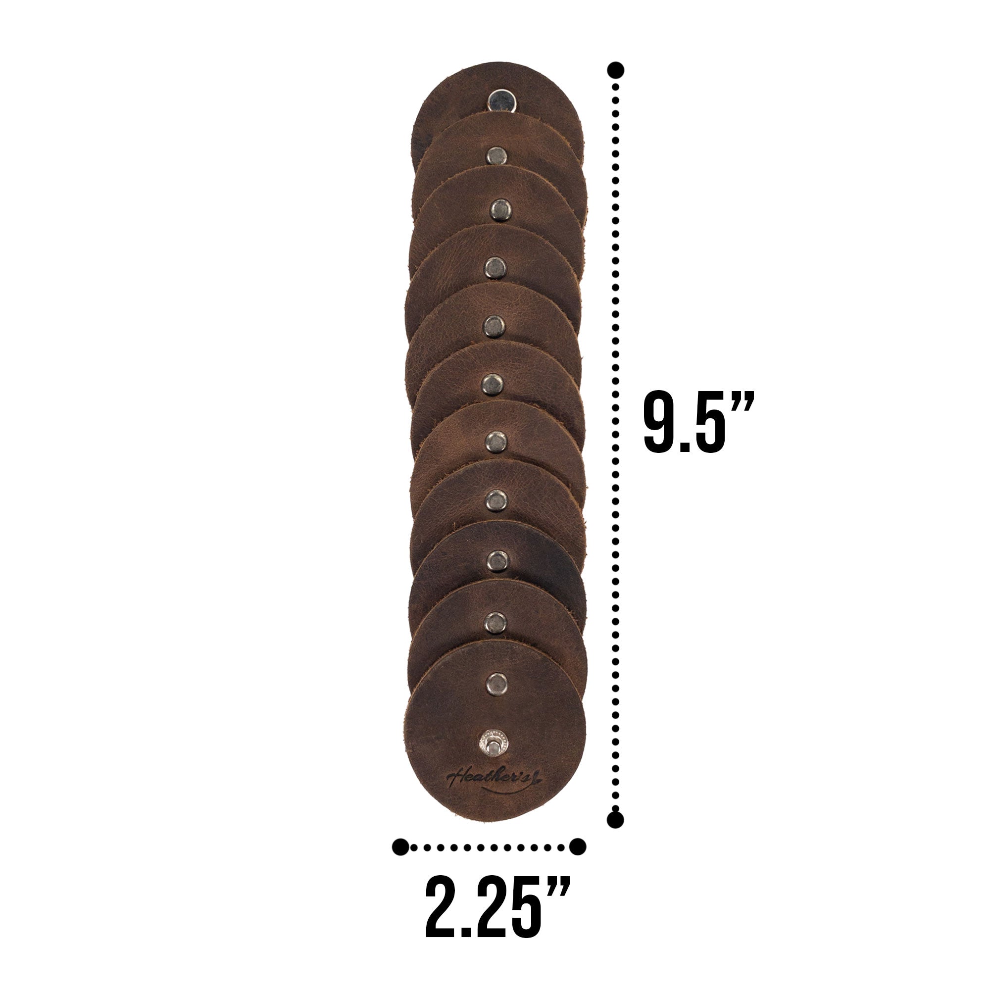 A graphic displaying the dimensions of the Moon Bracelet by Heather's, made from durable Full Grain Leather. This artisanal piece exemplifies Small Batch Production with Hand Cut and Hand Sewn excellence, and it is Fire Branded, portraying the authenticity of handcrafted goods from La Antigua Guatemala & Oaxaca Mexico.