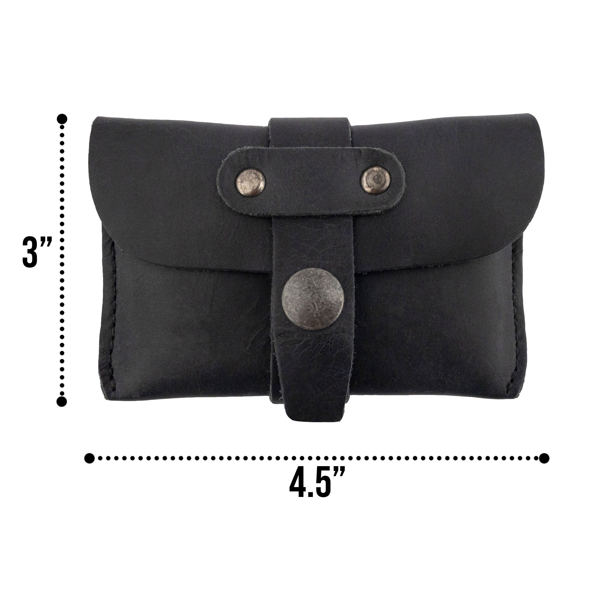 Hide & Drink's black Credit Card Holder featuring size dimensions displayed. This Full Grain Leather minimalist wallet is hand crafted in La Antigua Guatemala, showcasing the essence of small batch production and artisanal work.