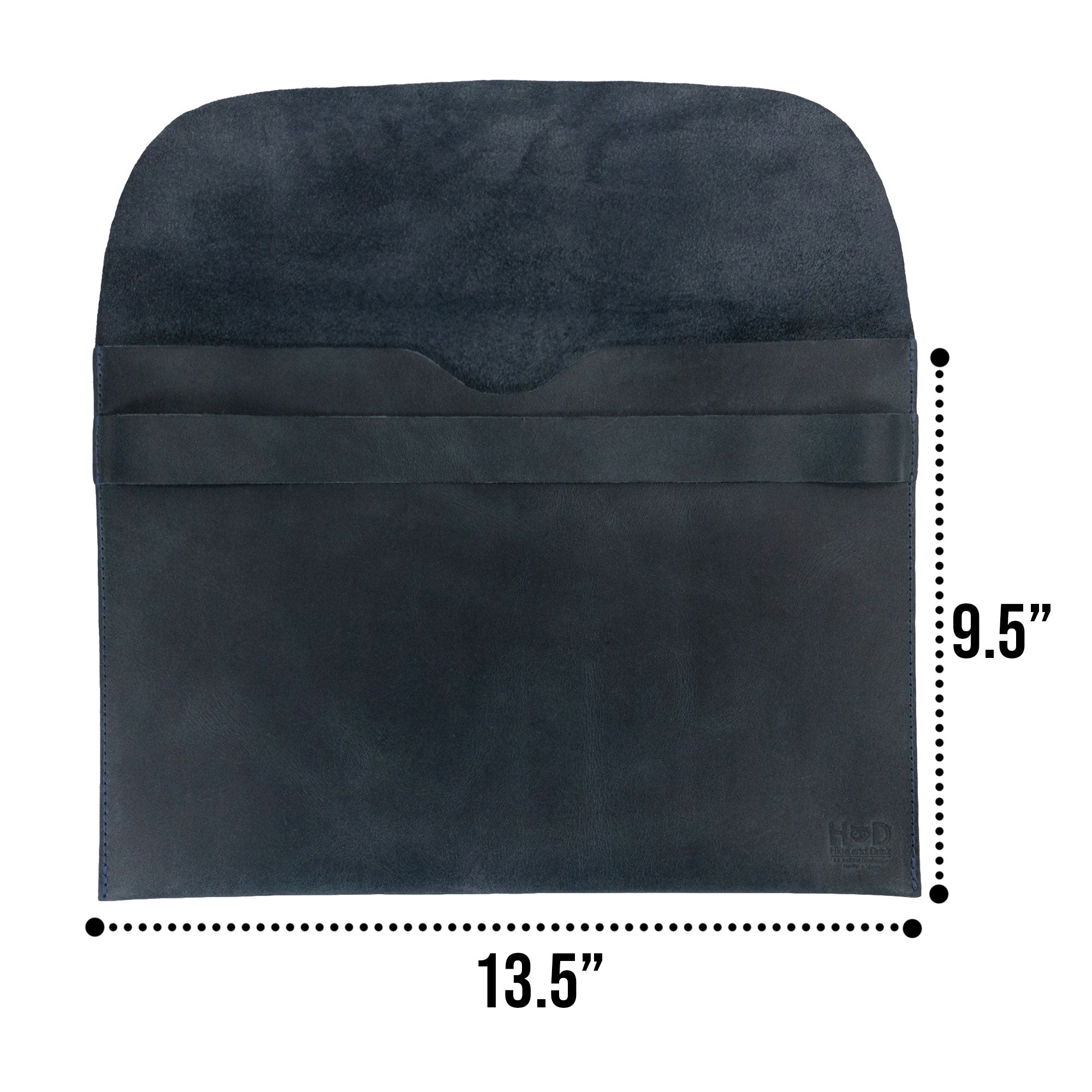 Front view of the black Hide & Drink MacBook Slim Case, showcasing its clean design and craftsmanship. Compatible with MacBook Air/Pro 13 Inch with M1 Chip, this case features full grain leather, highlighting artisan details through small batch production.