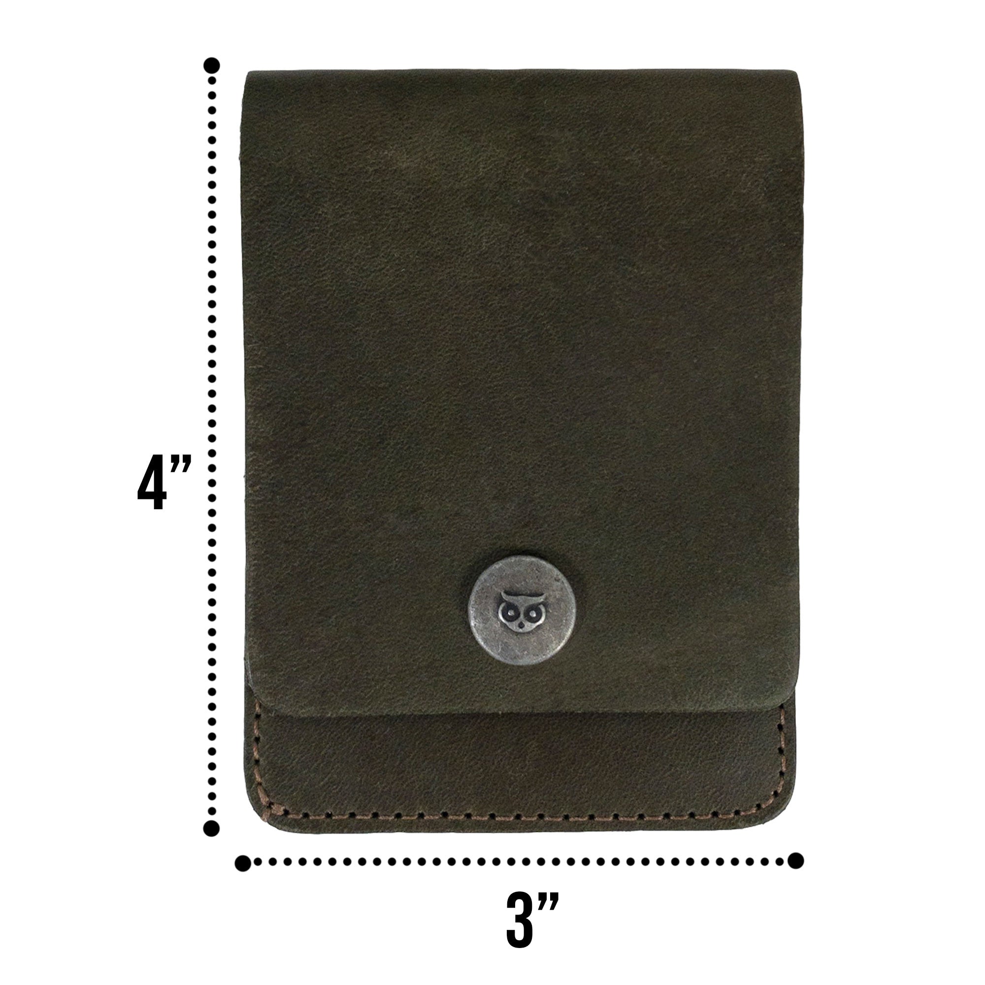 Dimensions of the green Vertical Wallet by Hide & Drink, illustrating its practicality in small pockets. This Vertical Front Pocket Wallet with Card Slot offers compact storage for bills and functions as a card holder, made from high-quality full grain leather through small batch production methods, featuring hand cut and hand sewn details and fire branding. Handmade in La Antigua Guatemala & Oaxaca Mexico.