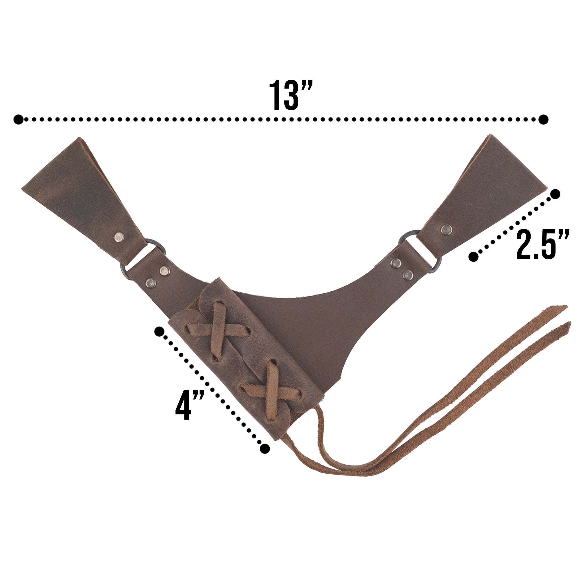 Dimensions of the Dangling Sword Holder by Hide & Play displayed clearly on a white background. This full grain leather accessory is essential for fantasy cosplay and historical costume enthusiasts, reflecting small batch production and artisan craftsmanship from La Antigua Guatemala and Oaxaca Mexico.