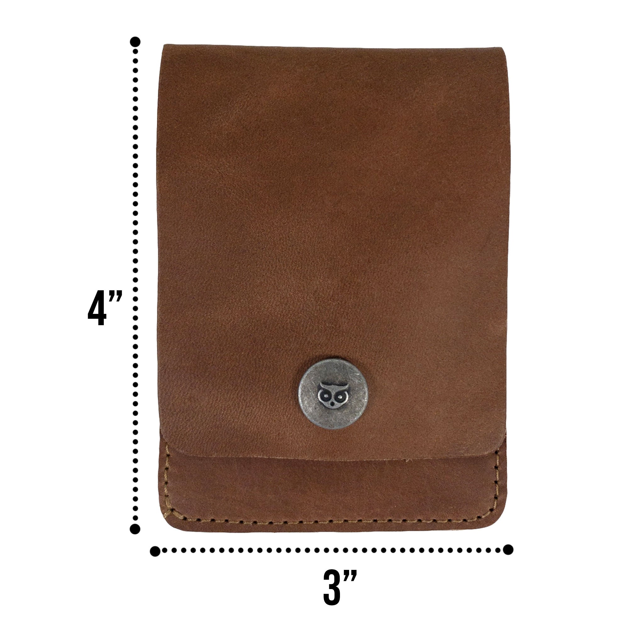Dimensions of the brown Vertical Wallet by Hide & Drink, depicting its practicality for front pocket use. This Vertical Front Pocket Wallet with Card Slot offers compact storage for cash alongside card holding capacity, made from resilient full grain leather through small batch production methods, with hand cut, hand sewn, and fire branded finishes. Handmade in La Antigua Guatemala & Oaxaca Mexico.