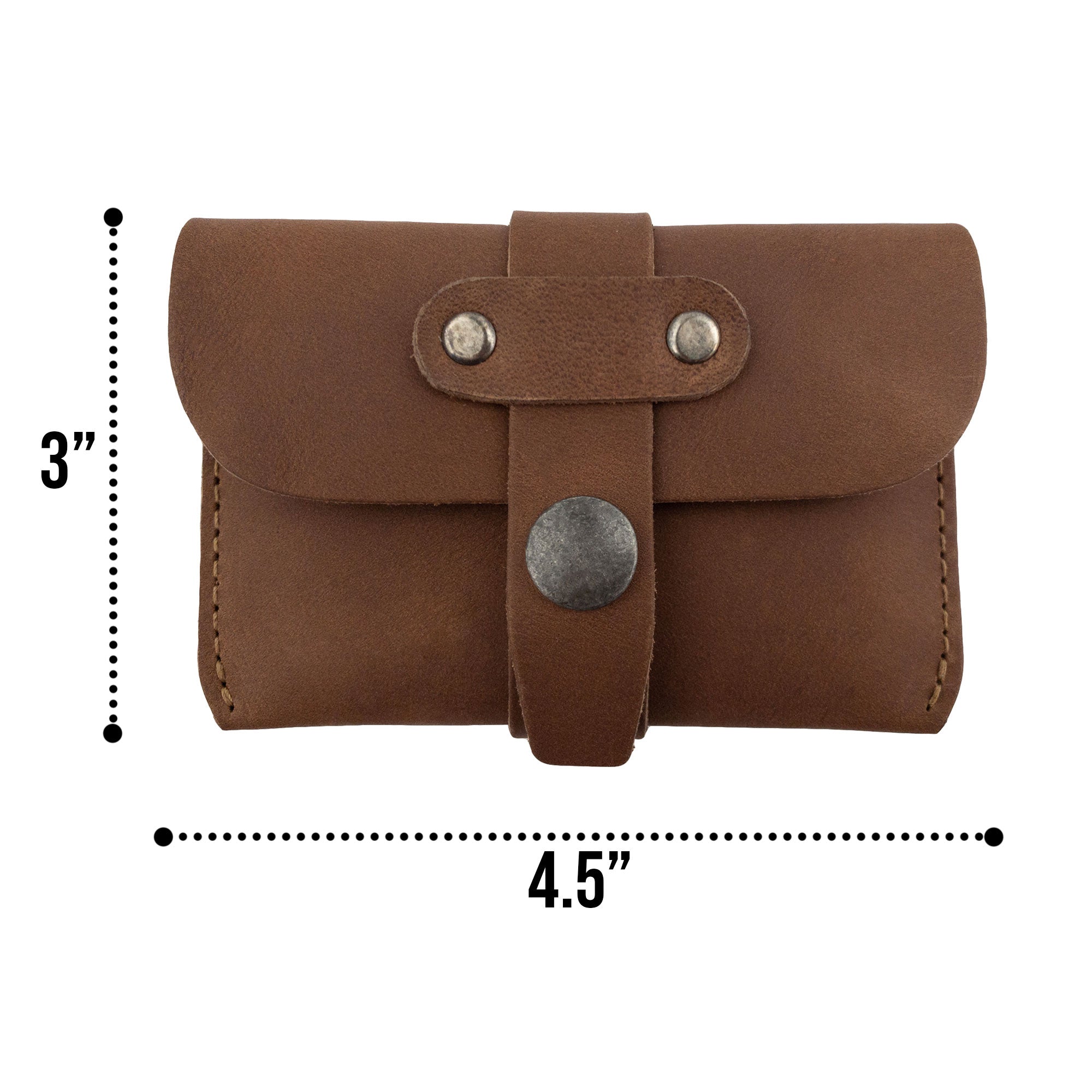 Showing dimensions of Hide & Drink's brown Credit Card Holder emphasizing its compact size. This minimalist front pocket wallet crafted from Full Grain Leather combines artisan quality with practical use, handmade in La Antigua Guatemala.