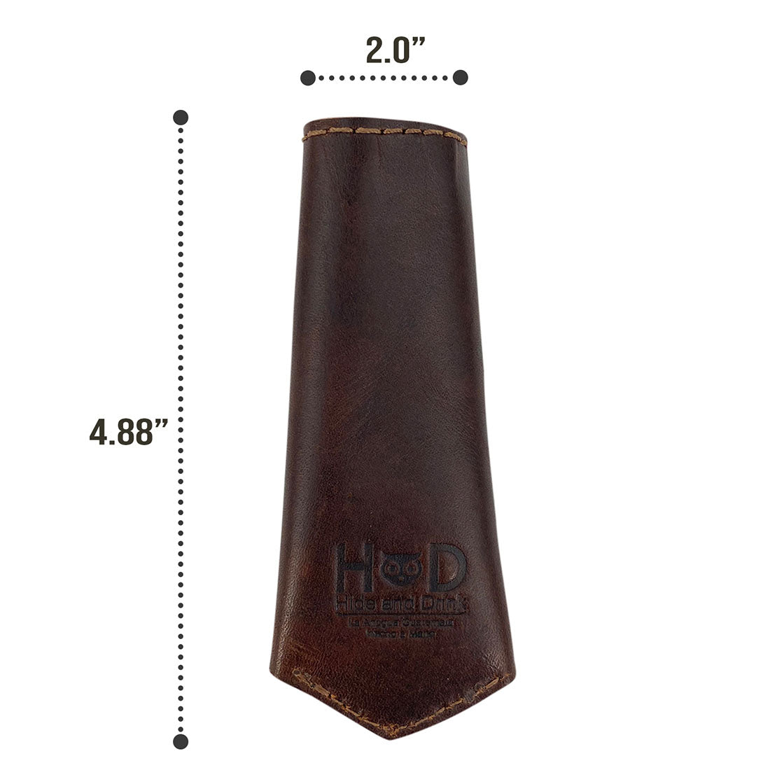Hide & Drink Hot Pan Handle Cover demonstrating its dimensions of 4.88" in length and 2.0" in width, made from premium full grain leather. This artisan product reflects the excellence of handmade crafts from La Antigua Guatemala & Oaxaca Mexico.