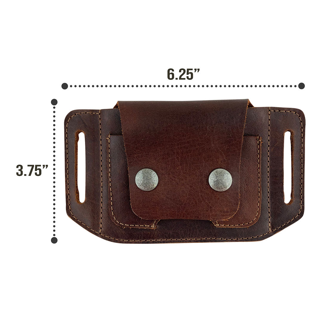 Dimensions of the Hide & Drink Tactical Card Holder highlighted with precise measurements, emphasizing its practicality and compact design. Constructed from full grain leather, this tactical card holder ensures safe card storage. Crafted through small batch production methods, it demonstrates hand cut and hand sewn quality, along with fire branding. Artisan creation in La Antigua Guatemala & Oaxaca Mexico.
