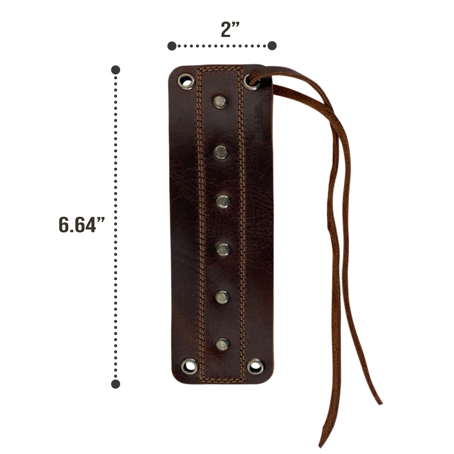 A detailed specification of the Men's Wristband by Hide & Drink, showing its dimensions and materials used in crafting this rugged full grain leather piece. This handmade wristband is an enduring fashion choice for any wardrobe. Men's Wristband Handmade, Full Grain Leather, StockyardX, Small Batch Production, Hand Cut, Hand Sewn, Fire Branded, Artisan, Handmade in La Antigua Guatemala & Oaxaca Mexico.