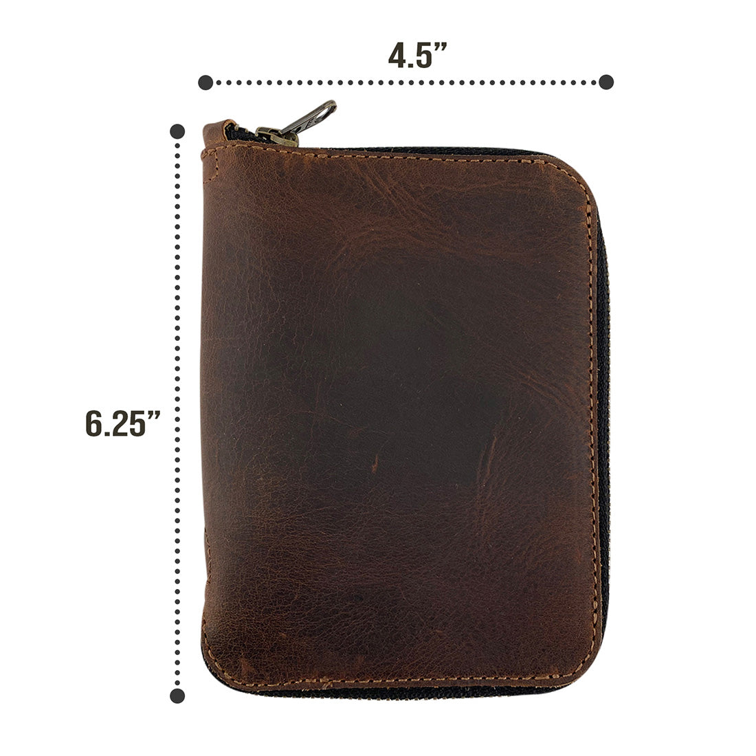 Dimensions of the Zippered Passport Wallet by Hide & Drink illustrated, highlighting its compact size of 6.25 inches in length and 4.5 inches in height made with exceptional Full Grain Leather. Zippered Passport Wallet Handmade from Full Grain Leather - Storage Case for Identification, Credit Cards, Cash Full Grain Leather, StockyardX, Small Batch Production, Hand Cut, Hand Sewn, Fire Branded, Artisan, Handmade in La Antigua Guatemala & Oaxaca Mexico.