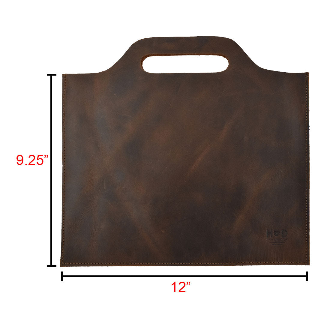 Flat Handbag by Hide & Drink with detailed dimensions in the image, showcasing its craftsmanship in full grain leather. As a minimalist style carry-on bag and classic document holder, this thin portfolio is a stylish travel accessory. Each handbag is hand cut, hand sewn, and fire branded, representing artisanal quality, handmade in La Antigua Guatemala & Oaxaca Mexico.