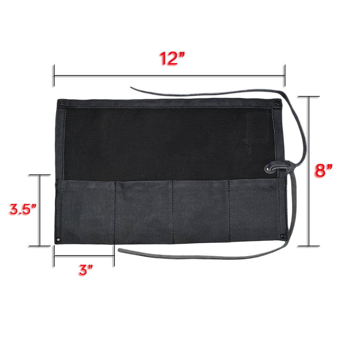 The folded black Waxed Canvas Watch Roll by Hide & Drink highlighting its compactness. Handmade to hold up to 4 watches while enhancing travel convenience.