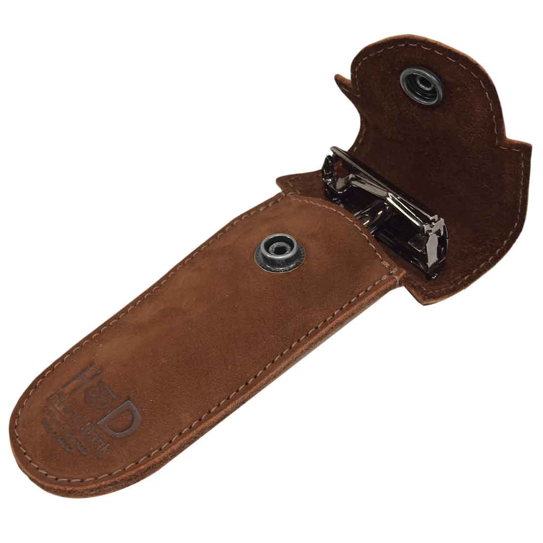 Hide & Drink Barber Razor Sheath featuring a unique design in light brown leather, designed as a Double Edge Protector Case. This Safety Cover is perfect for travel and commuter essentials, made from Full Grain Leather by skilled artisans.