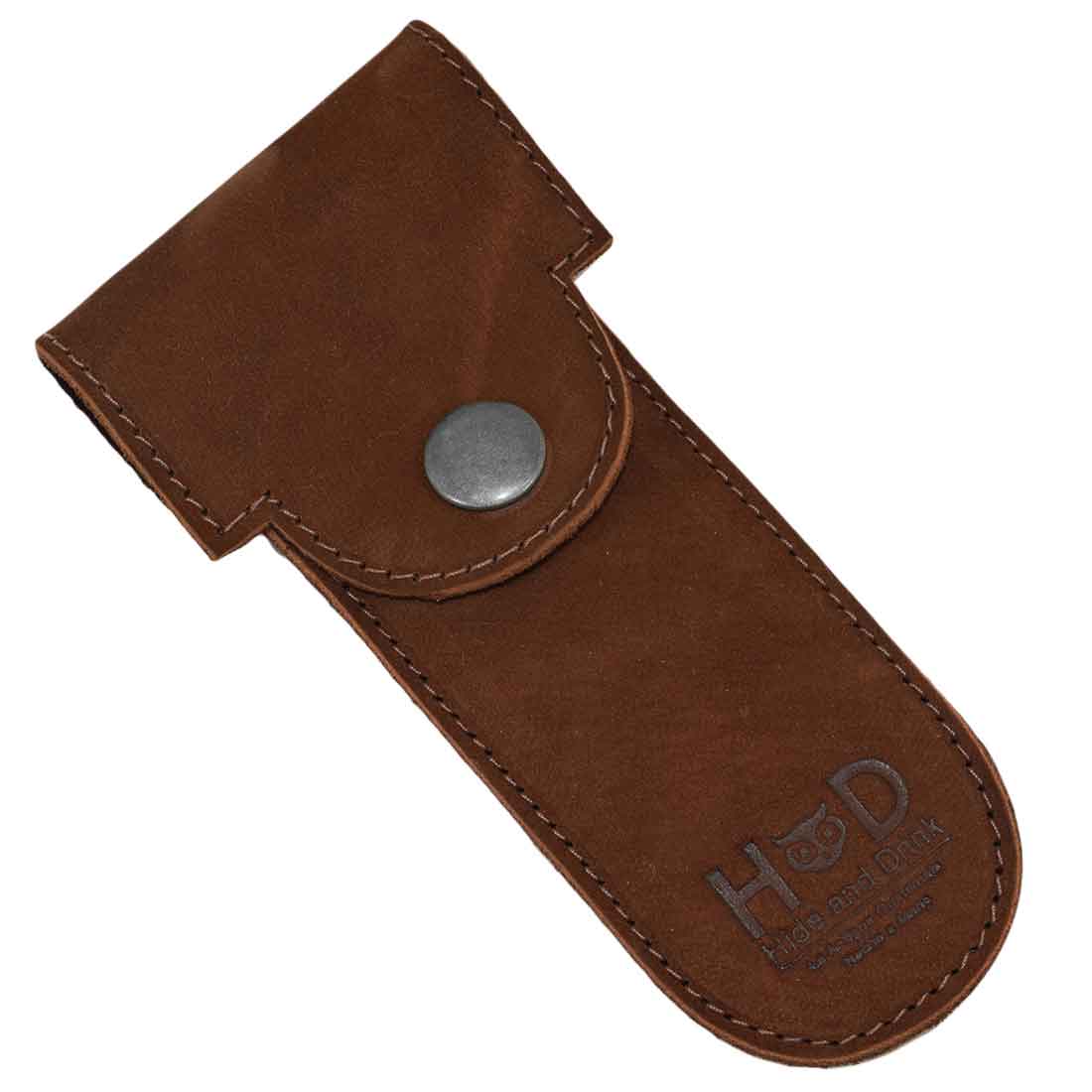 Hide & Drink Barber Razor Sheath in smooth brown leather, structured as a Double Edge Protector Case for your razor. This handmade Safety Cover combines elegance and functionality, making it an ideal travel and commuter essential.
