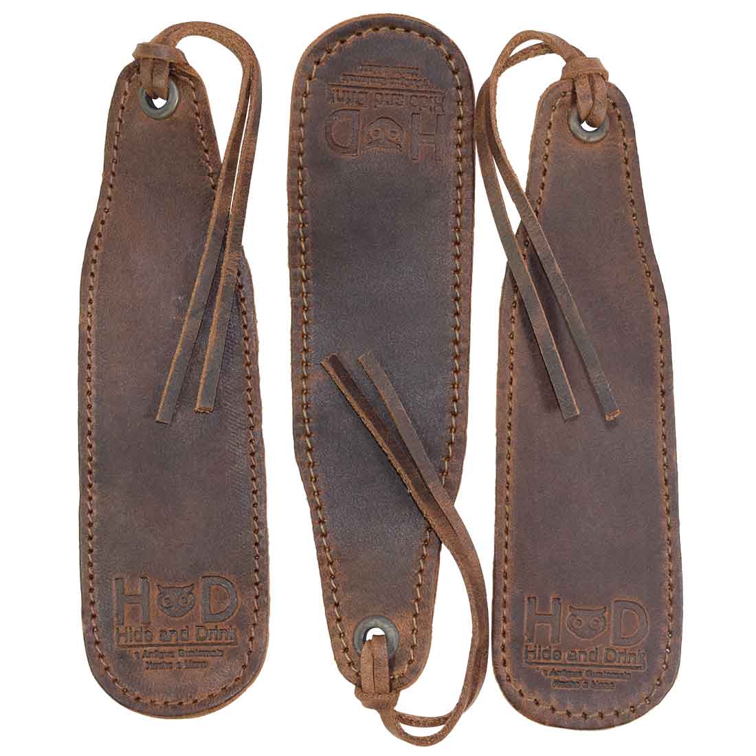 Hide & Drink Bookmark (3-Pack) featuring full grain leather, perfect for book lovers, page turners, and travel readers. A stylish bookmark page marker designed with artisan craftsmanship in small batch production, handmade in La Antigua Guatemala.