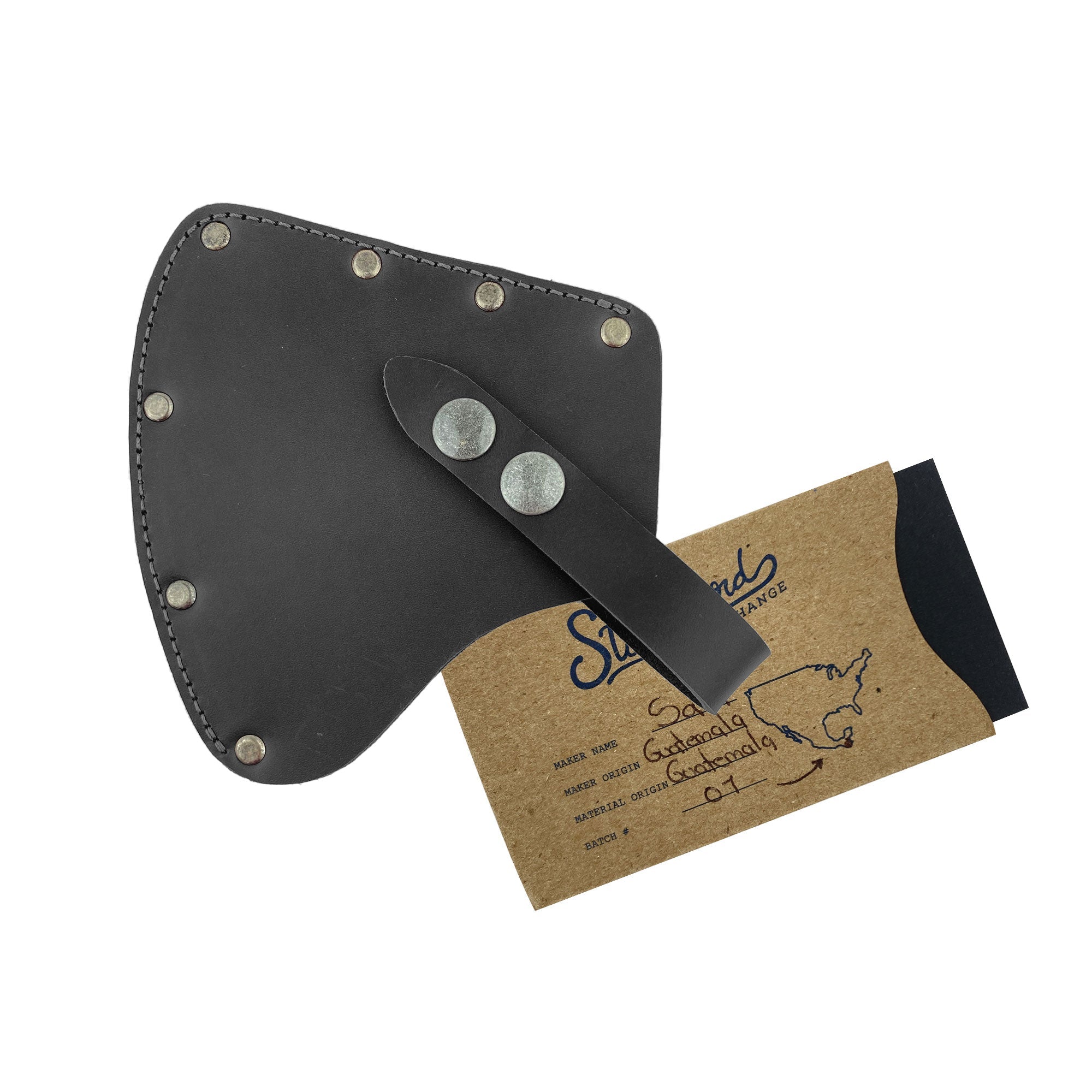 The black Valhalla Gear Camper Axe Head Sheath, showcasing its fine details and craftsmanship, ideal for attachment to your belt. This handmade protector case serves as an essential hatchet blade safety sleeve, ensuring durability and practicality as a hallmark of quality camping accessories.