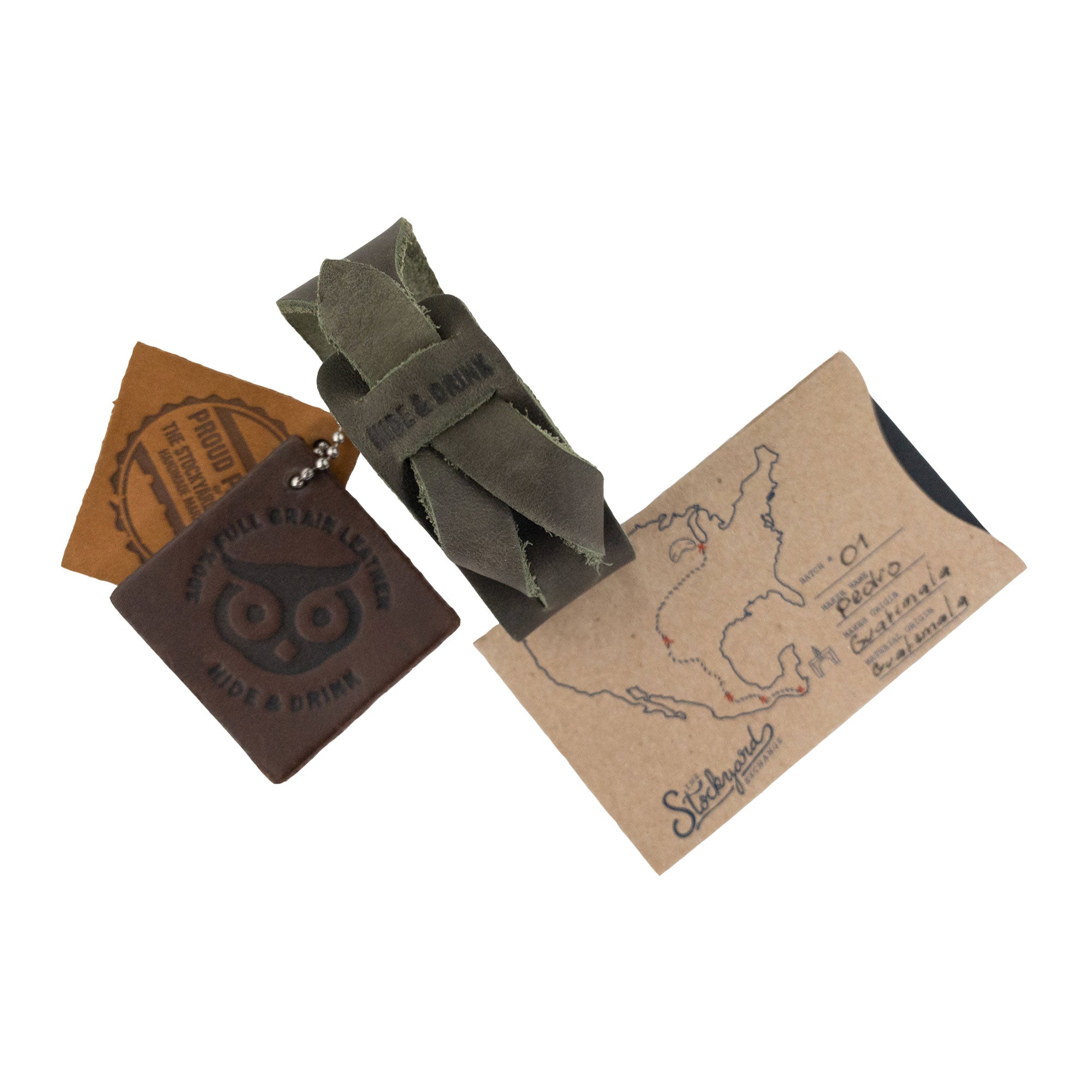 Hide & Drink's Minimalist Wristband with included artisan tags, emphasizing small batch production and quality leather craftsmanship. This stylish rustic bracelet is handmade in La Antigua Guatemala, showcasing StockyardX's dedication to authentic artisan goods.