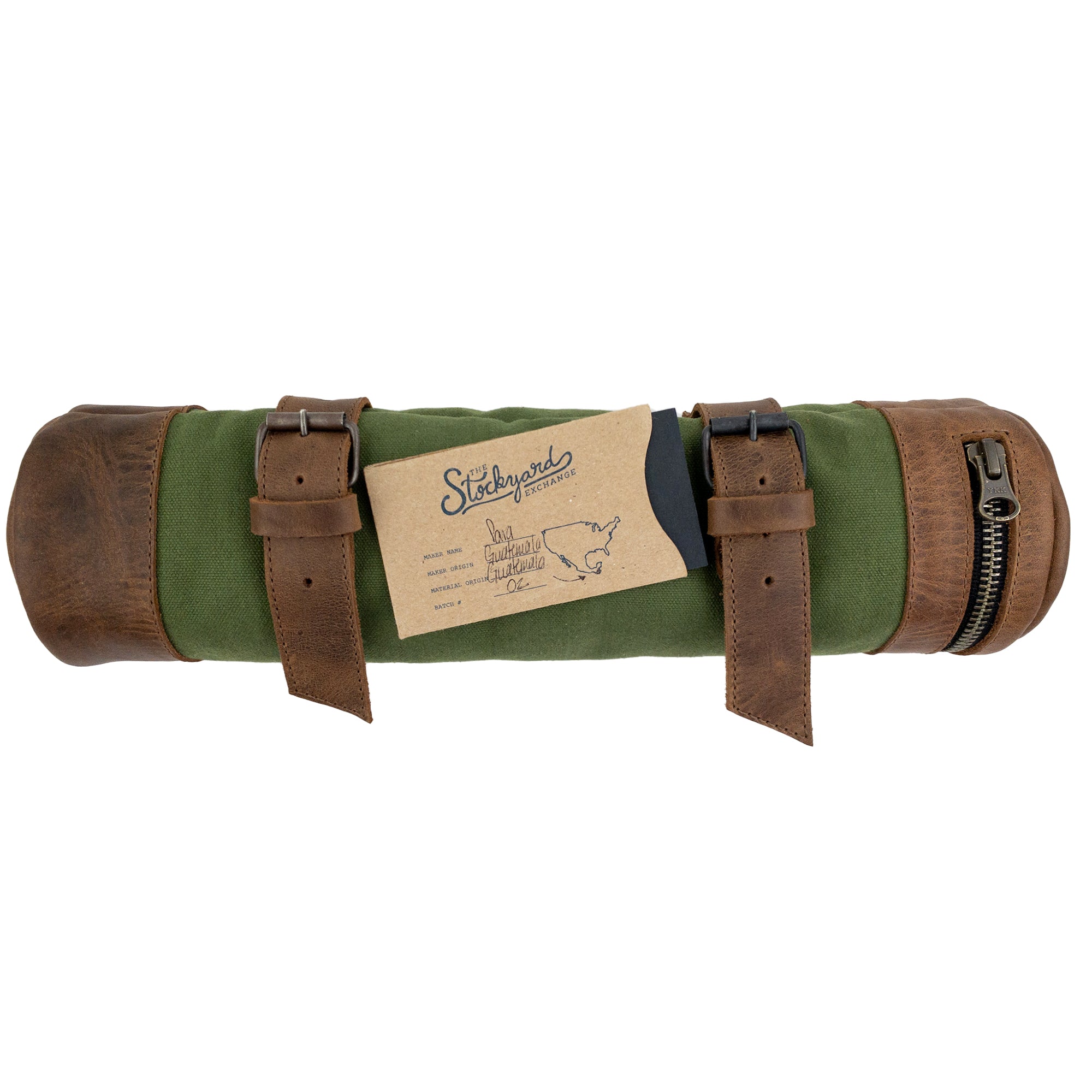 Detailed view of the Bicycle Tube from Hide & Drink, showcasing the combination of full grain leather and durable materials. This Bike Pack Tube is designed for both style and functionality for bike enthusiasts. Handmade in La Antigua Guatemala and Oaxaca Mexico.