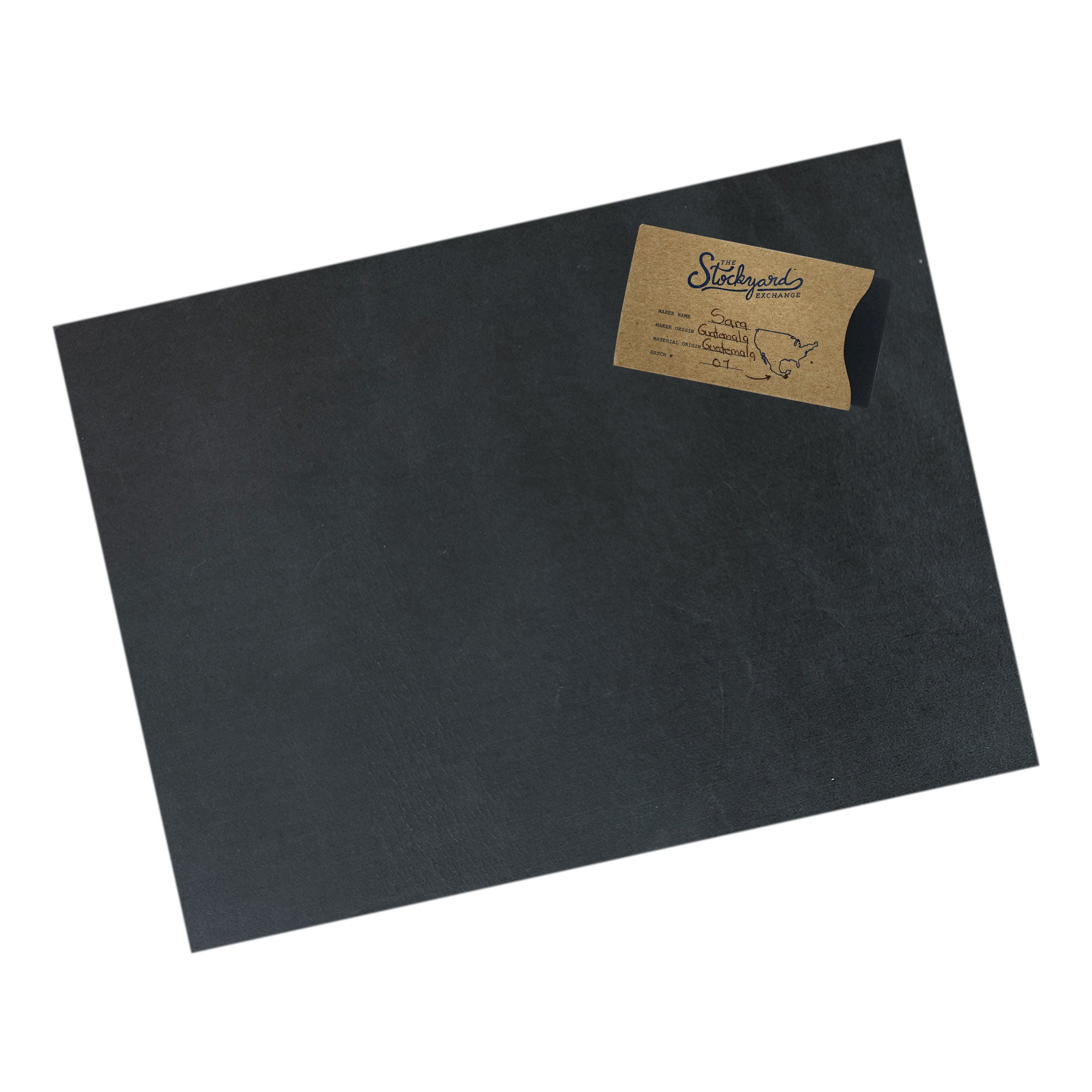 A close look at a black Leather Rectangle 8 x 11 in. from Thick Full Grain Leather (2.6 to 2.8mm) by Leather Handcraft Supply Depot highlighting its premium quality. This Full Grain Leather Rectangle (8 X 11 in.) from Thick Full Grain Leather (2.6 to 2.8mm) is perfect for crafting in hobby workshops, artisan sewing, and small batch production, made with care in La Antigua Guatemala & Oaxaca Mexico.