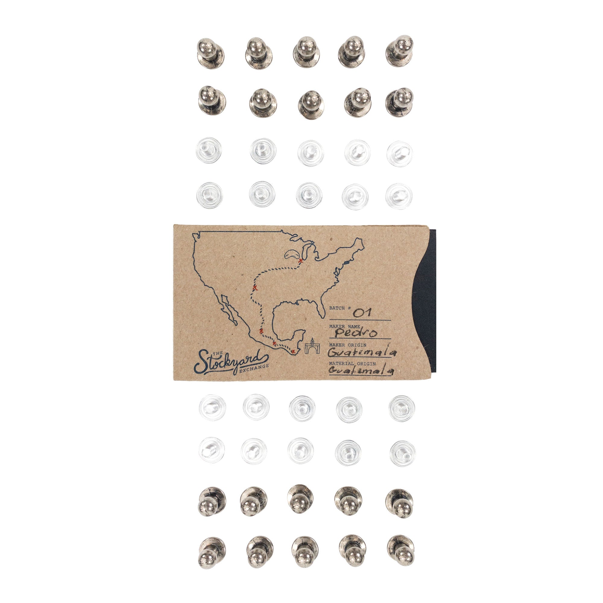 Packaged selection of Round Head Button Stud for Leather Crafts, brought to you by Leather Handcraft Supply Depot. Ideal for Tooling, Hobby & Workshop projects, ensuring quality and artisan touch from La Antigua Guatemala and Oaxaca Mexico.