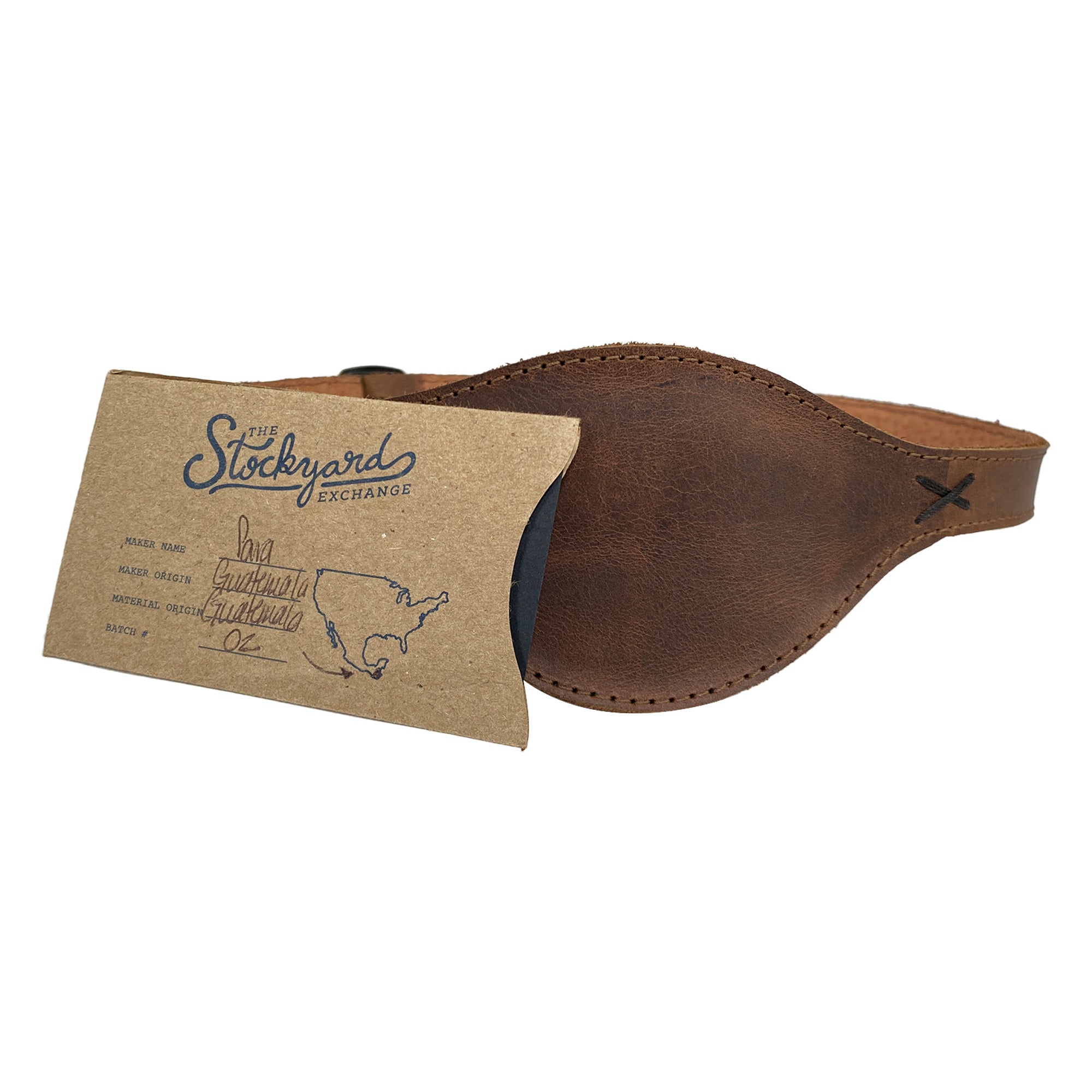 Tag of Hide & Play's Pirate Eye Patch, showcasing its artisan quality from full grain leather, ideal for cosplay, Halloween, or themed events. Crafted with care through small batch production by StockyardX, this handmade item embodies craftsmanship from La Antigua Guatemala.