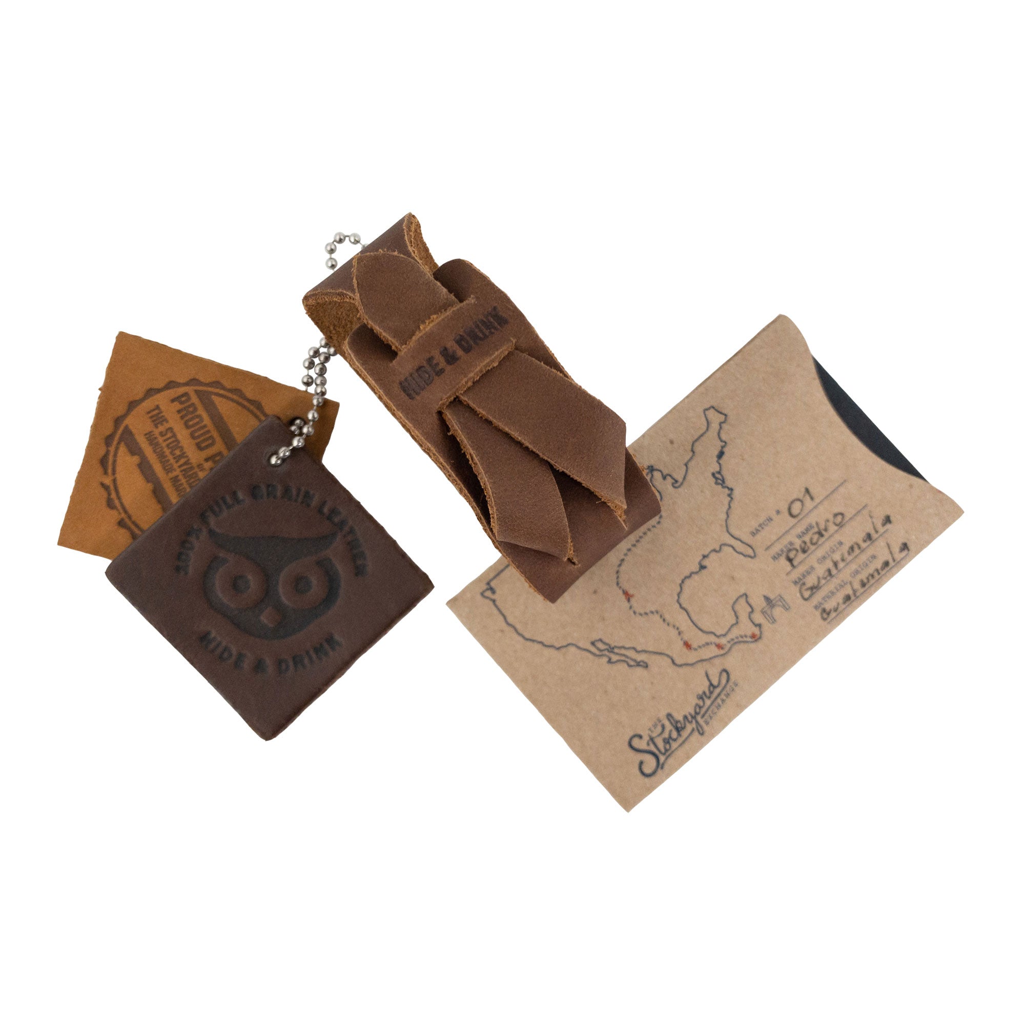 Hide & Drink's Minimalist Wristband with artisan tags emphasizing the quality of full grain leather. This rustic light brown bracelet features adjustable design and craftsmanship that is handmade-in La Antigua Guatemala, reflecting StockyardX's commitment to artisan goods.