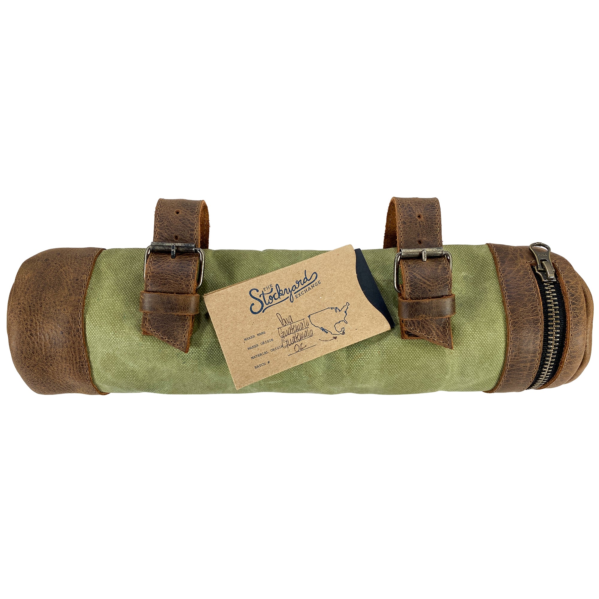 A stylish view of the Bicycle Tube from Hide & Drink, featuring its unique design and leather accents. This Drink and Travel Storage option embodies artisan craftsmanship and practical use for bike riders. Handmade in La Antigua Guatemala and Oaxaca Mexico.