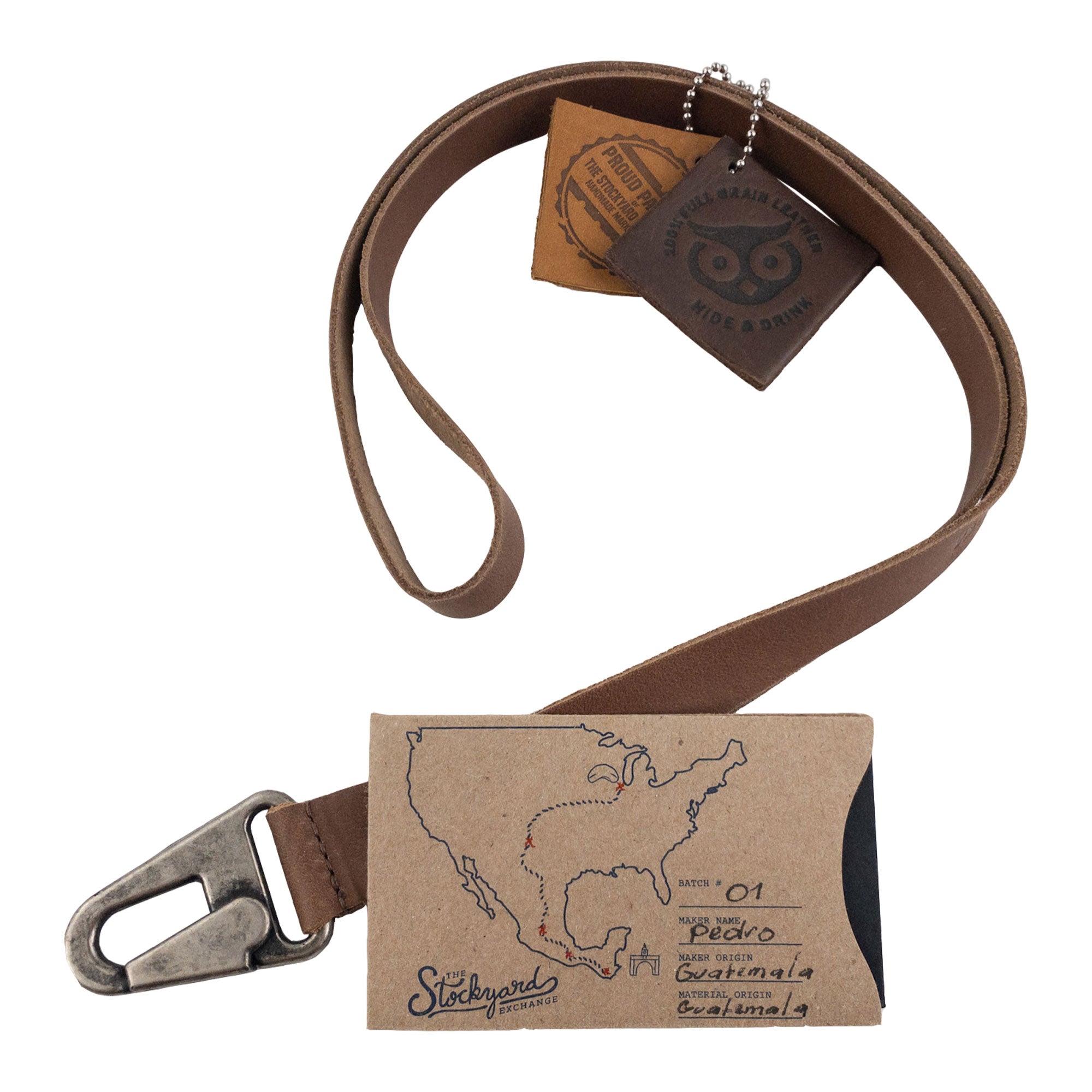 Stylish Lanyard Keychain by Hide & Drink, perfect for organizing keys with a sturdy hook made of brown leather. This artisan accessory, handmade in La Antigua Guatemala & Oaxaca Mexico, is ideal for men and women.