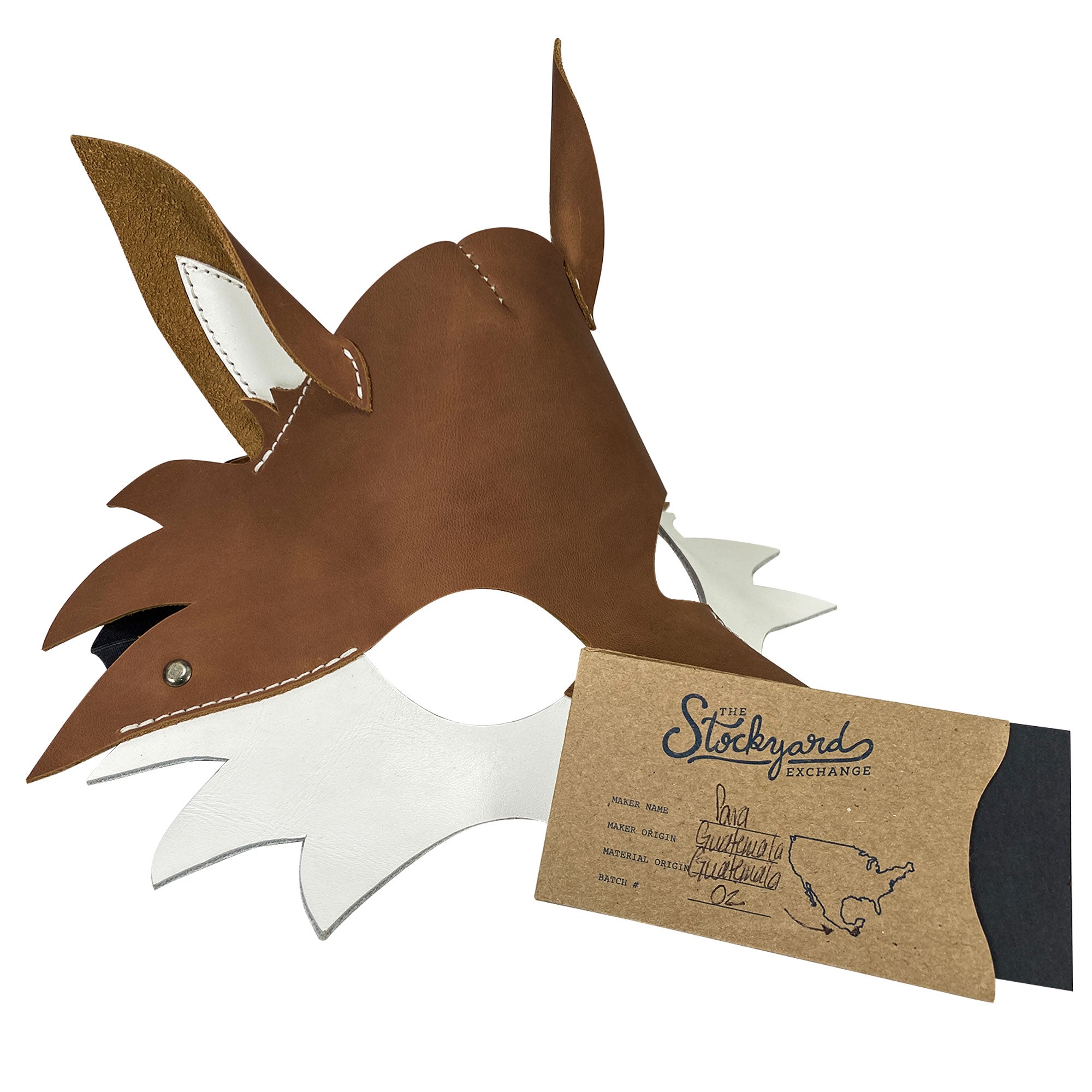 Fox Mask with packaging highlighting its artisan craftsmanship. Made from full grain leather, this unique piece by Hide & Play makes for an excellent gift for Halloween and cosplay enthusiasts.