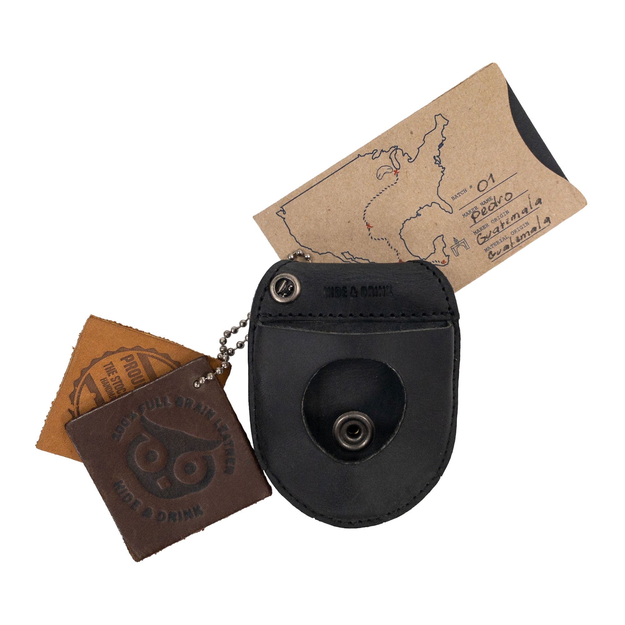 Hide & Drink Pocket Watch Holder and Case with gift tags included, perfect for gifting a durable timepiece protector. This pocket watch case serves as a rustic protector holder made from full grain leather, featuring artisan craftsmanship with hand cut, hand sewn, and fire branded details. Handmade in La Antigua Guatemala & Oaxaca Mexico.
