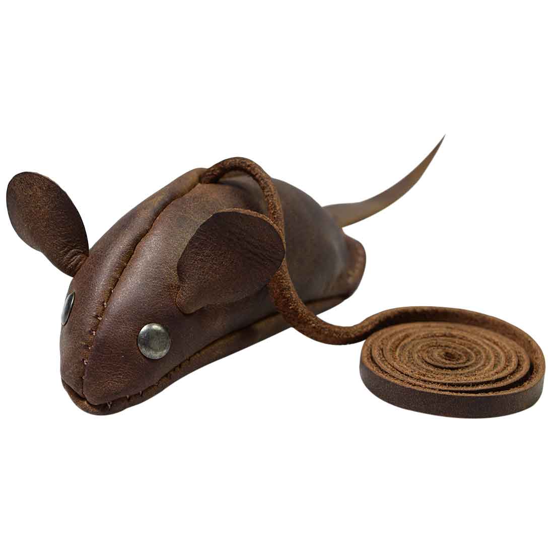 Hide & Drink's Cat Toy designed as a furry mouse, perfect for cats to chase and play with. This handcrafted Cat Teaser made from full grain leather mimics a real mouse, making it an ideal exerciser toy for your feline friend. Artisan-made in La Antigua Guatemala, this product showcases small batch production with meticulous hand cutting and sewing. Enjoy the unique quality of this Handmade Cat Toy, complete with fire branded details.